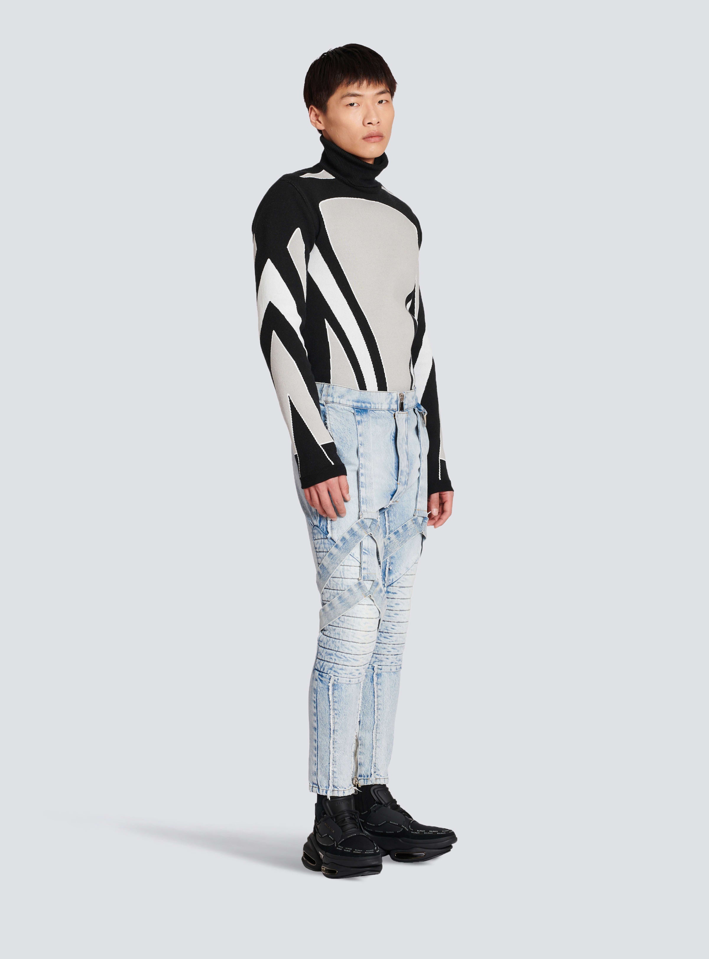 BALMAIN MEN'S LIGHT BLUE MULTI-STRAP DENIM PANTS
