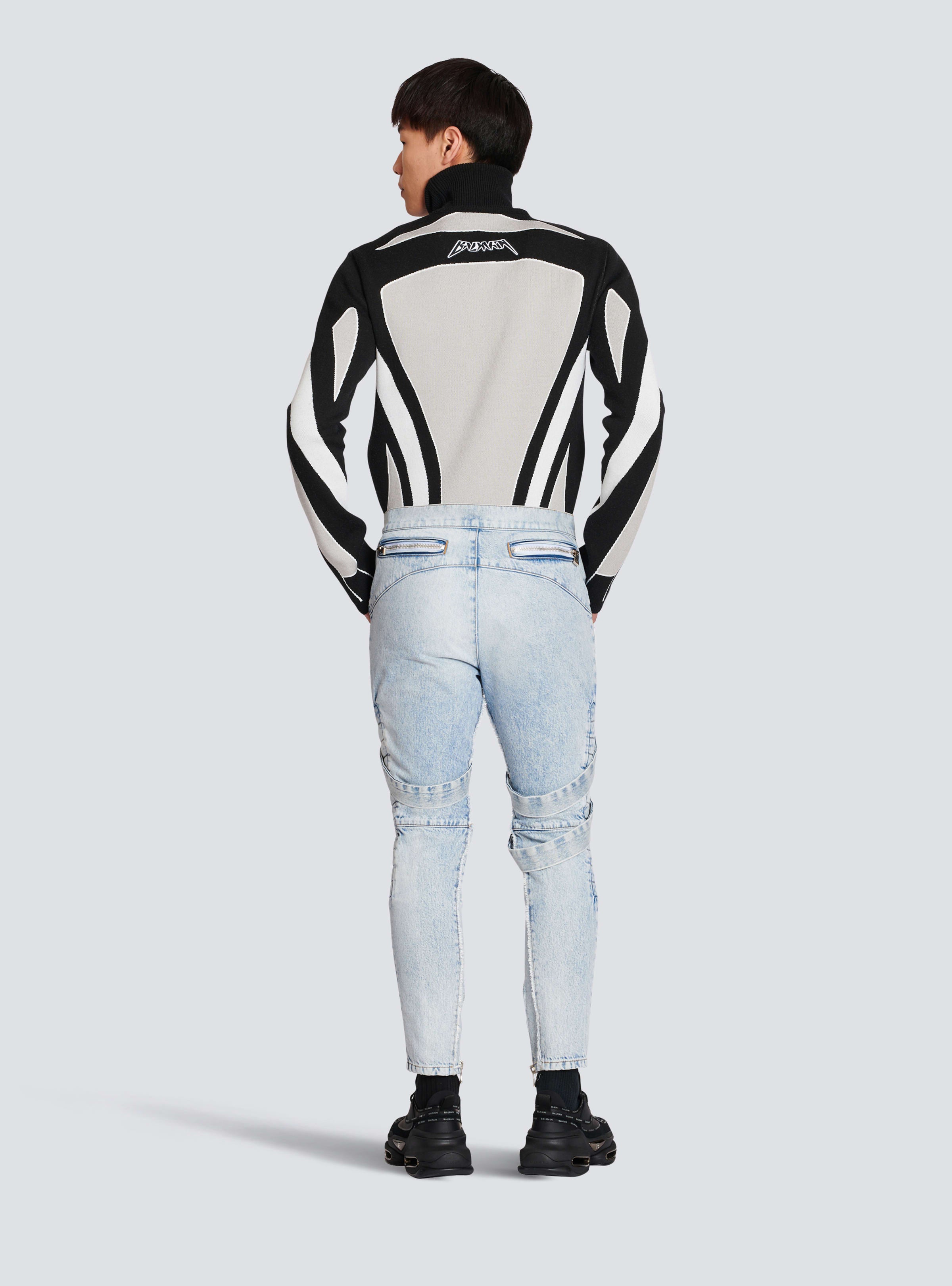 BALMAIN MEN'S LIGHT BLUE MULTI-STRAP DENIM PANTS