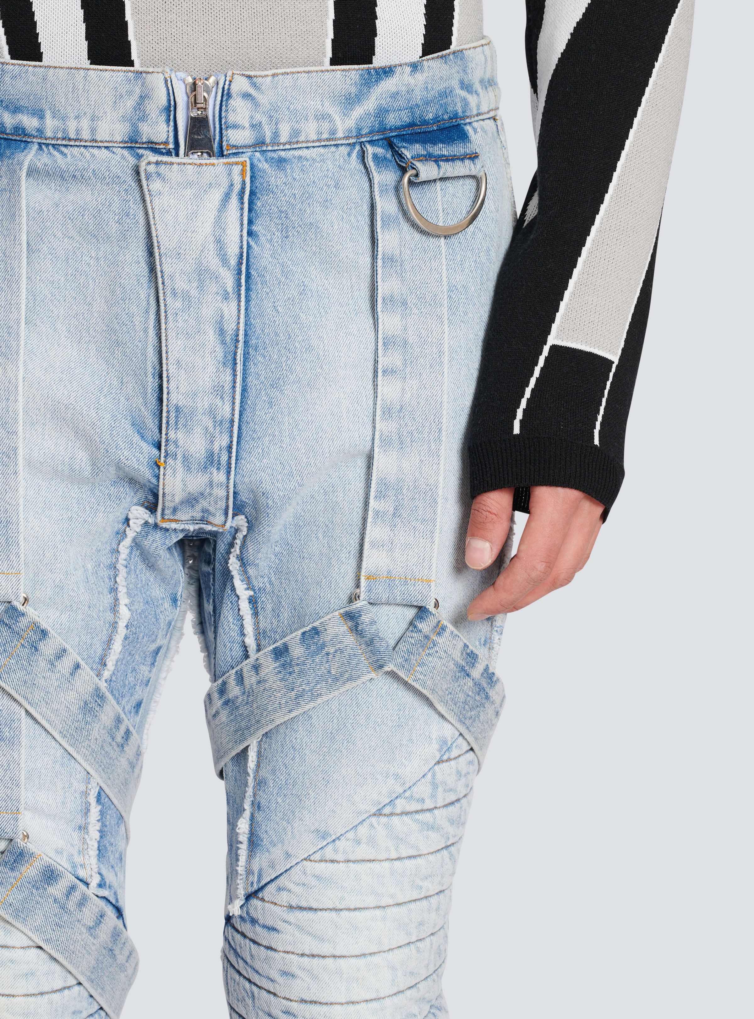 BALMAIN MEN'S LIGHT BLUE MULTI-STRAP DENIM PANTS