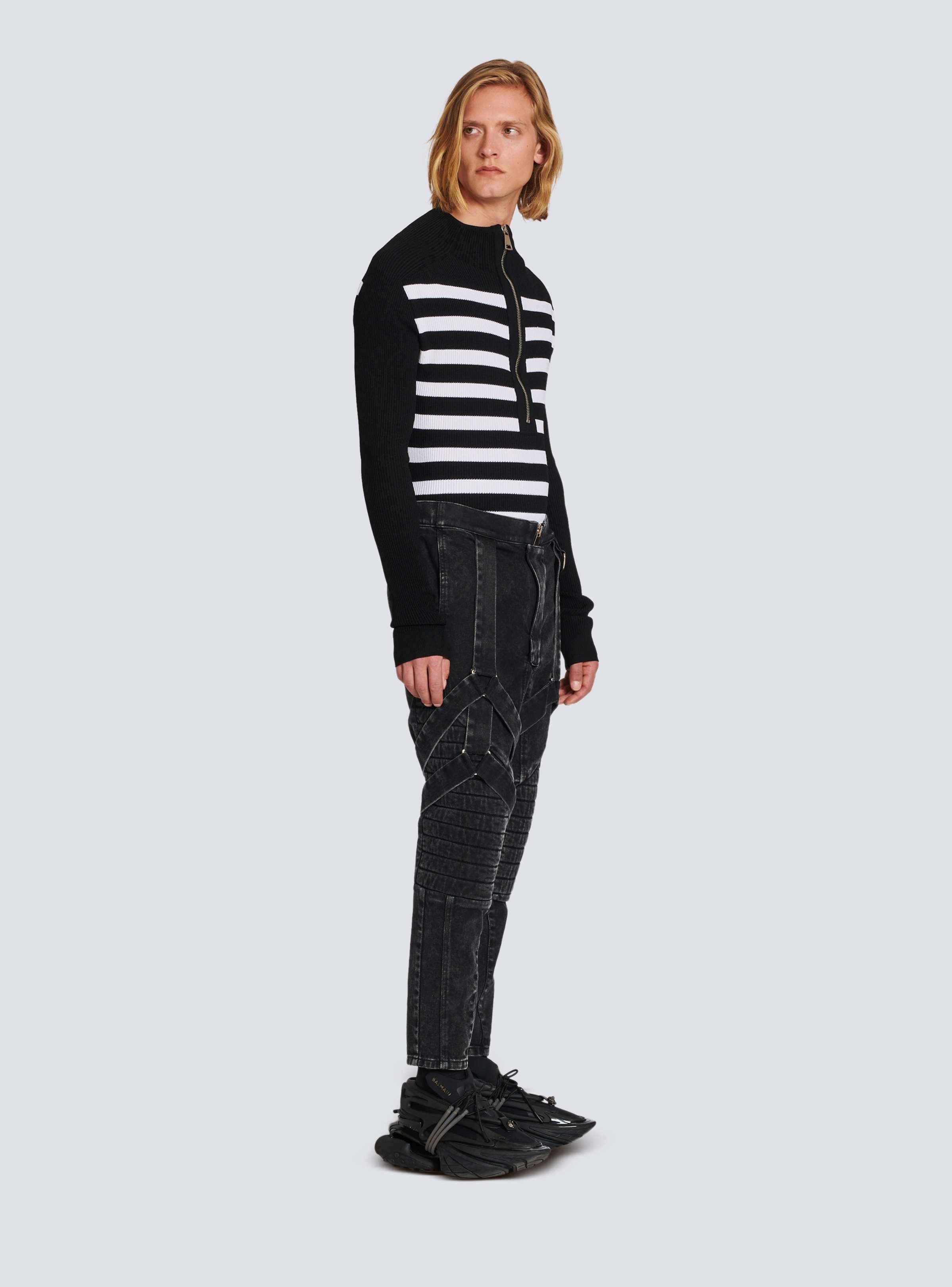 BALMAIN MEN'S BLACK ACID WASH DENIM PANTS WITH STRAPS