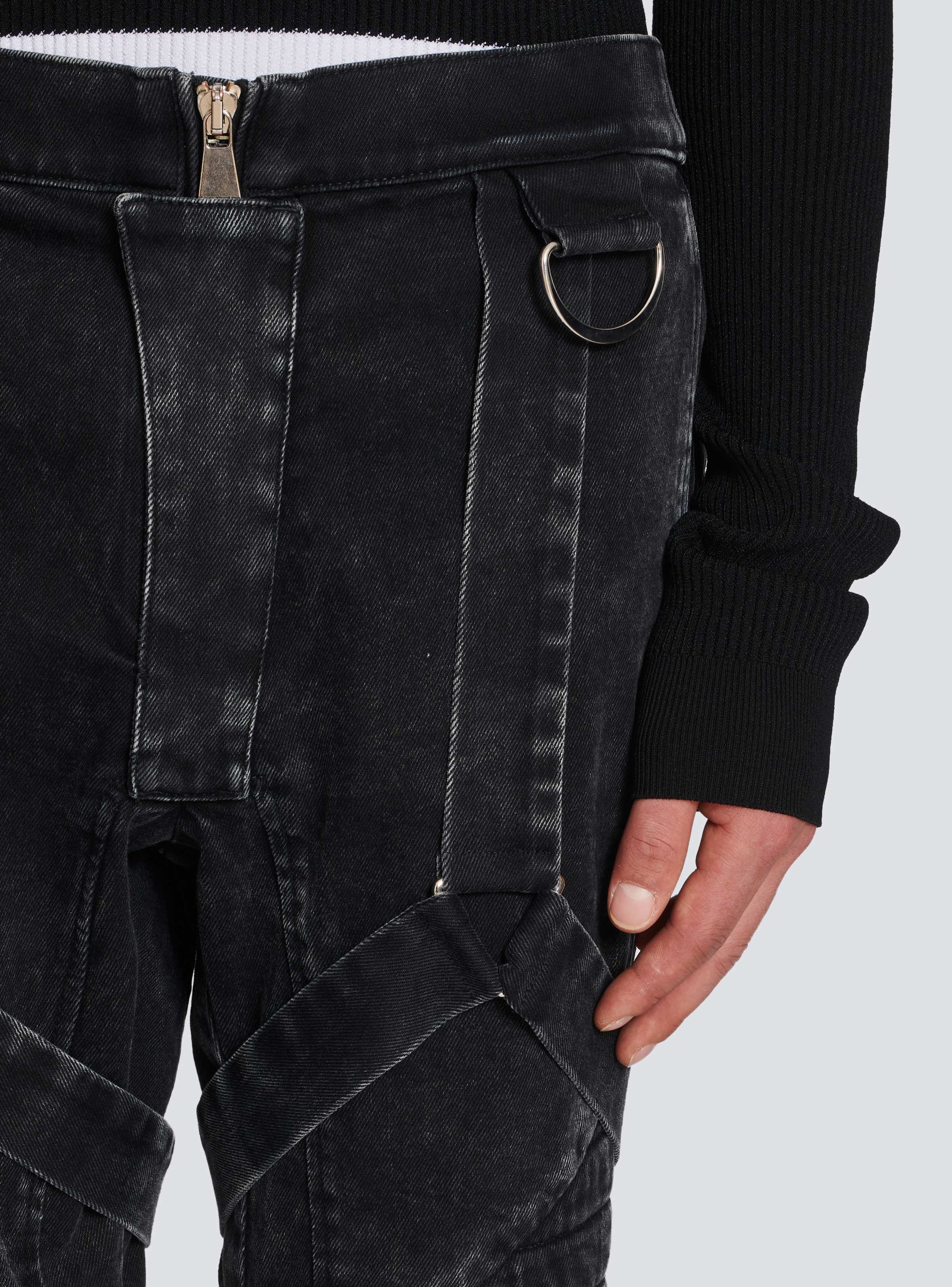 BALMAIN MEN'S BLACK ACID WASH DENIM PANTS WITH STRAPS