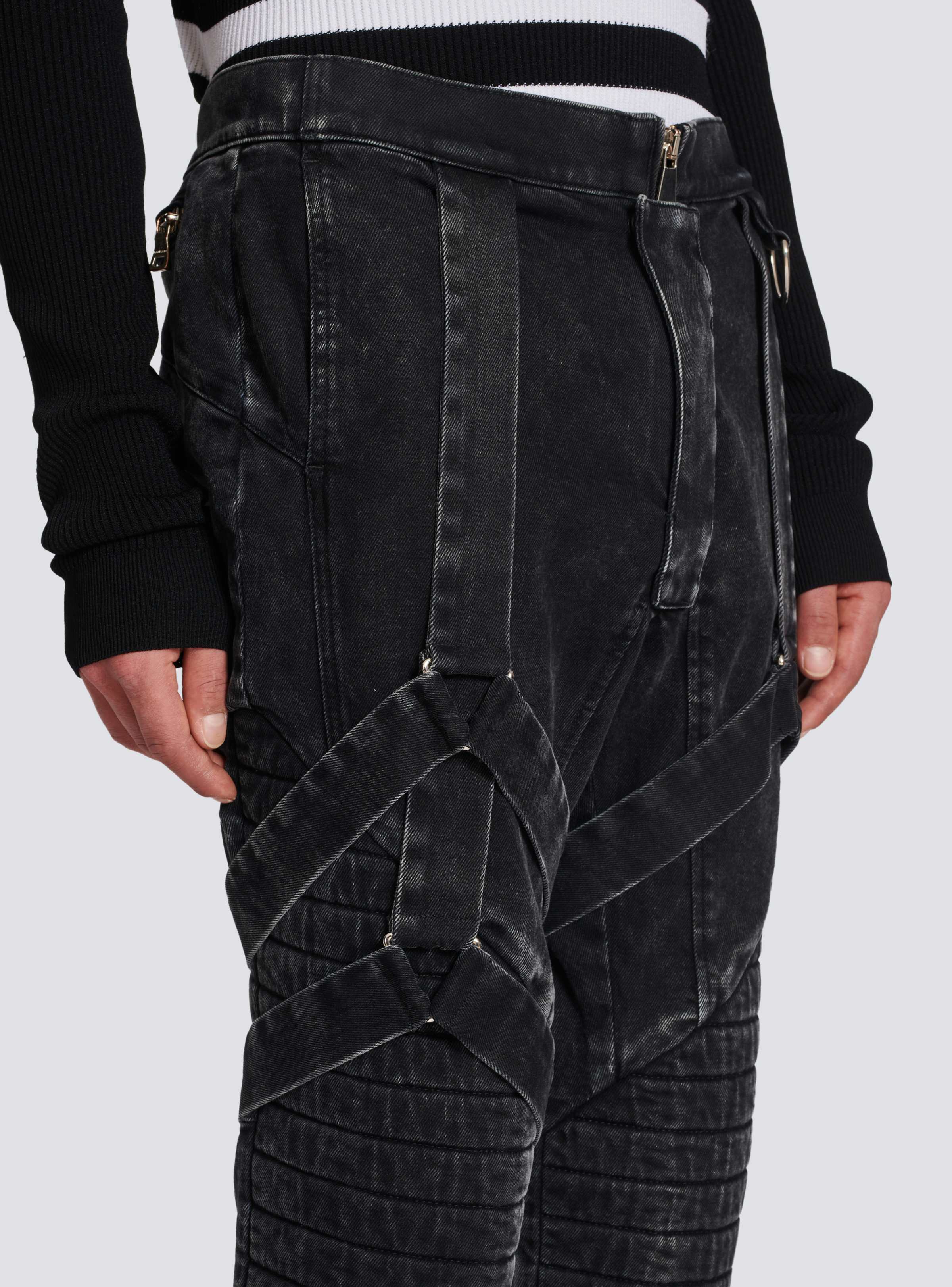 BALMAIN MEN'S BLACK ACID WASH DENIM PANTS WITH STRAPS