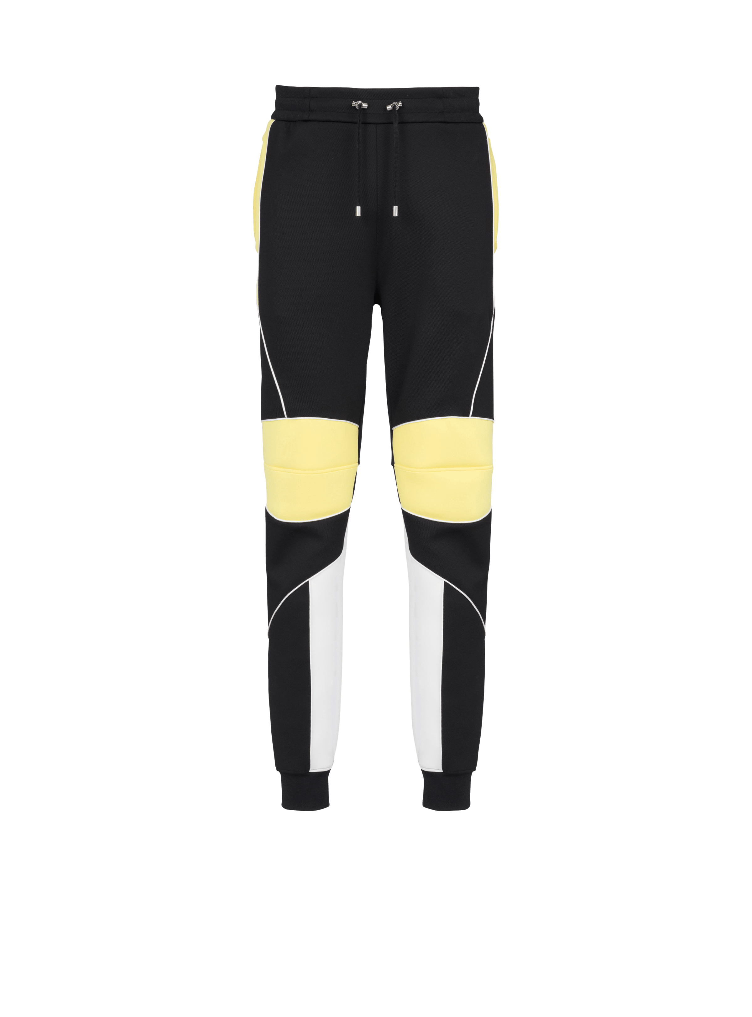 BALMAIN MEN'S BLACK YELLOW NEOPRENE PANELED TROUSERS