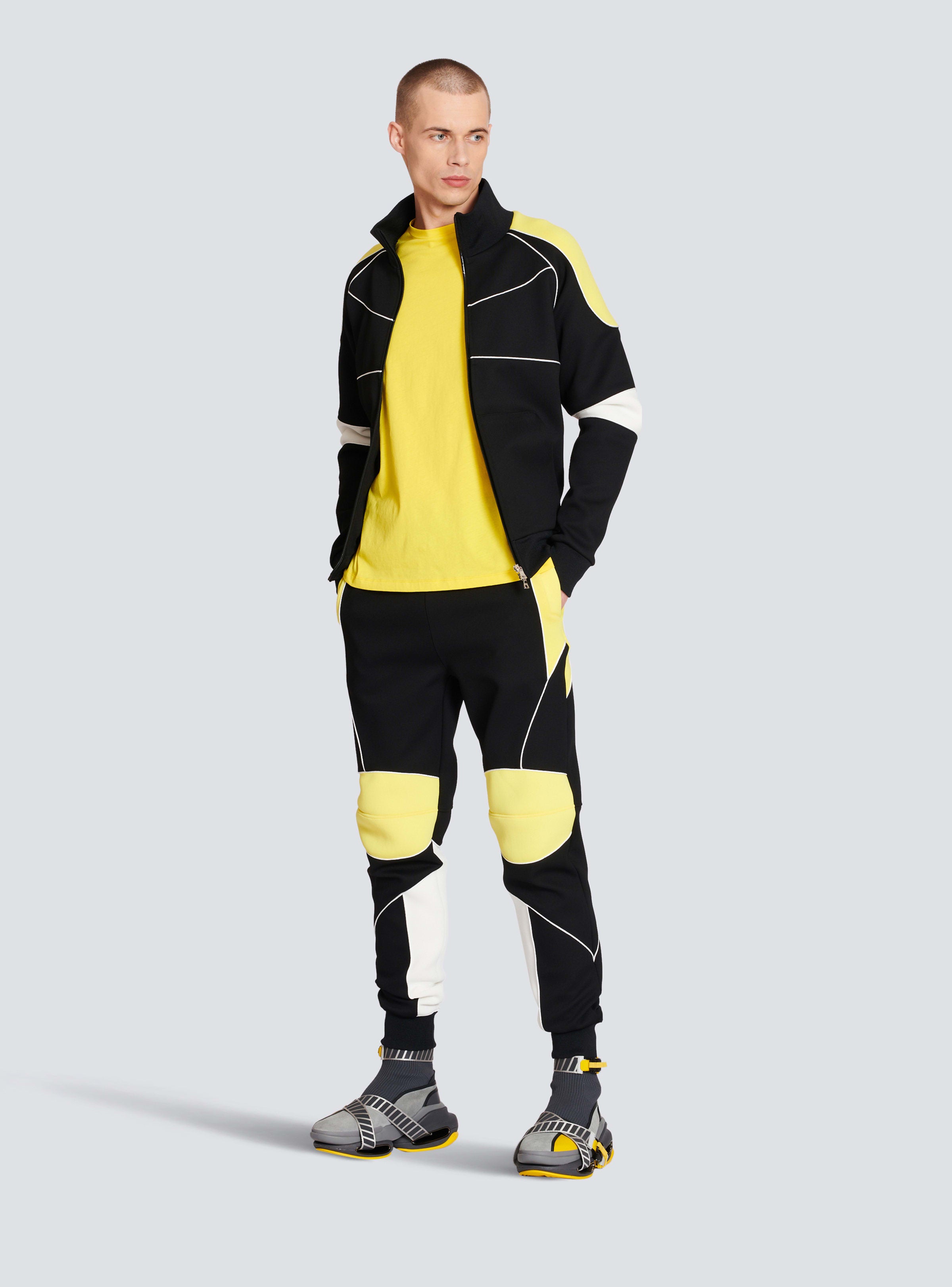 BALMAIN MEN'S BLACK YELLOW NEOPRENE PANELED TROUSERS