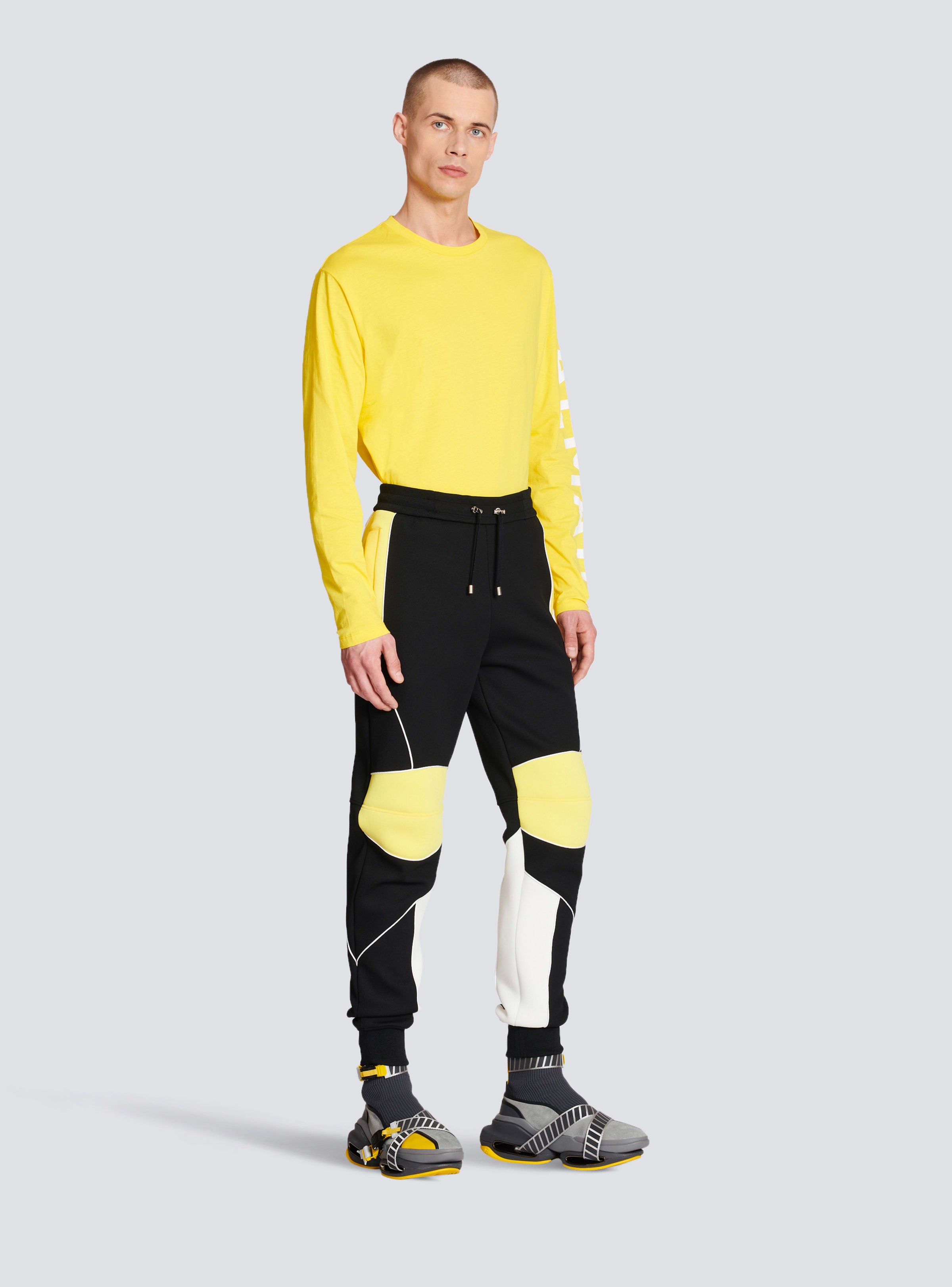 BALMAIN MEN'S BLACK YELLOW NEOPRENE PANELED TROUSERS