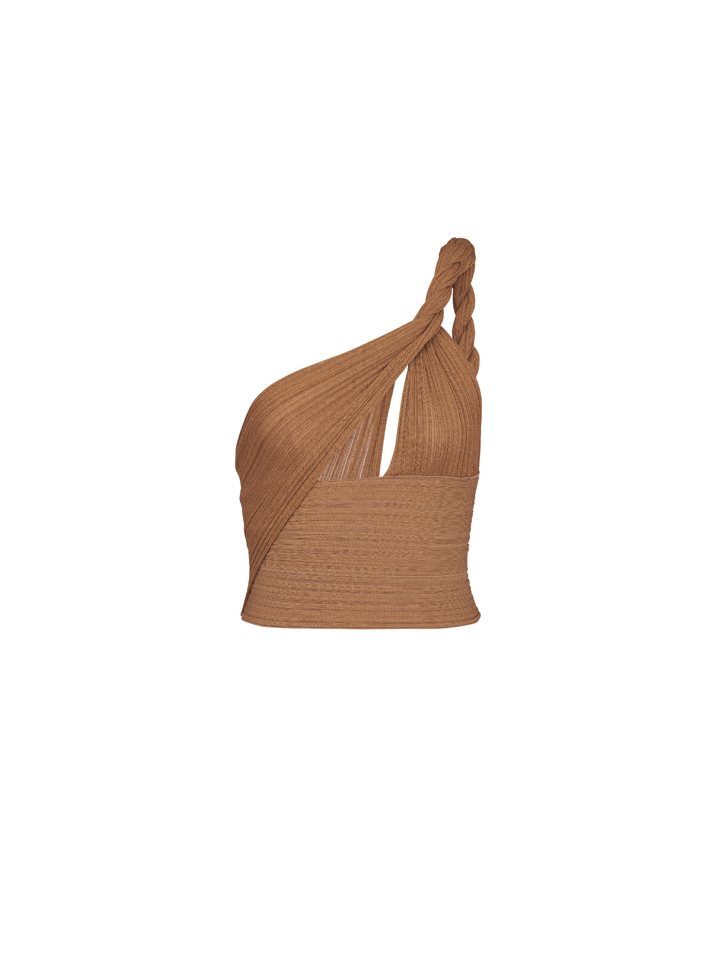 BALMAIN WOMEN'S BRAIDED ASYMMETRIC PLEATED KNIT CROP TOP NWT
