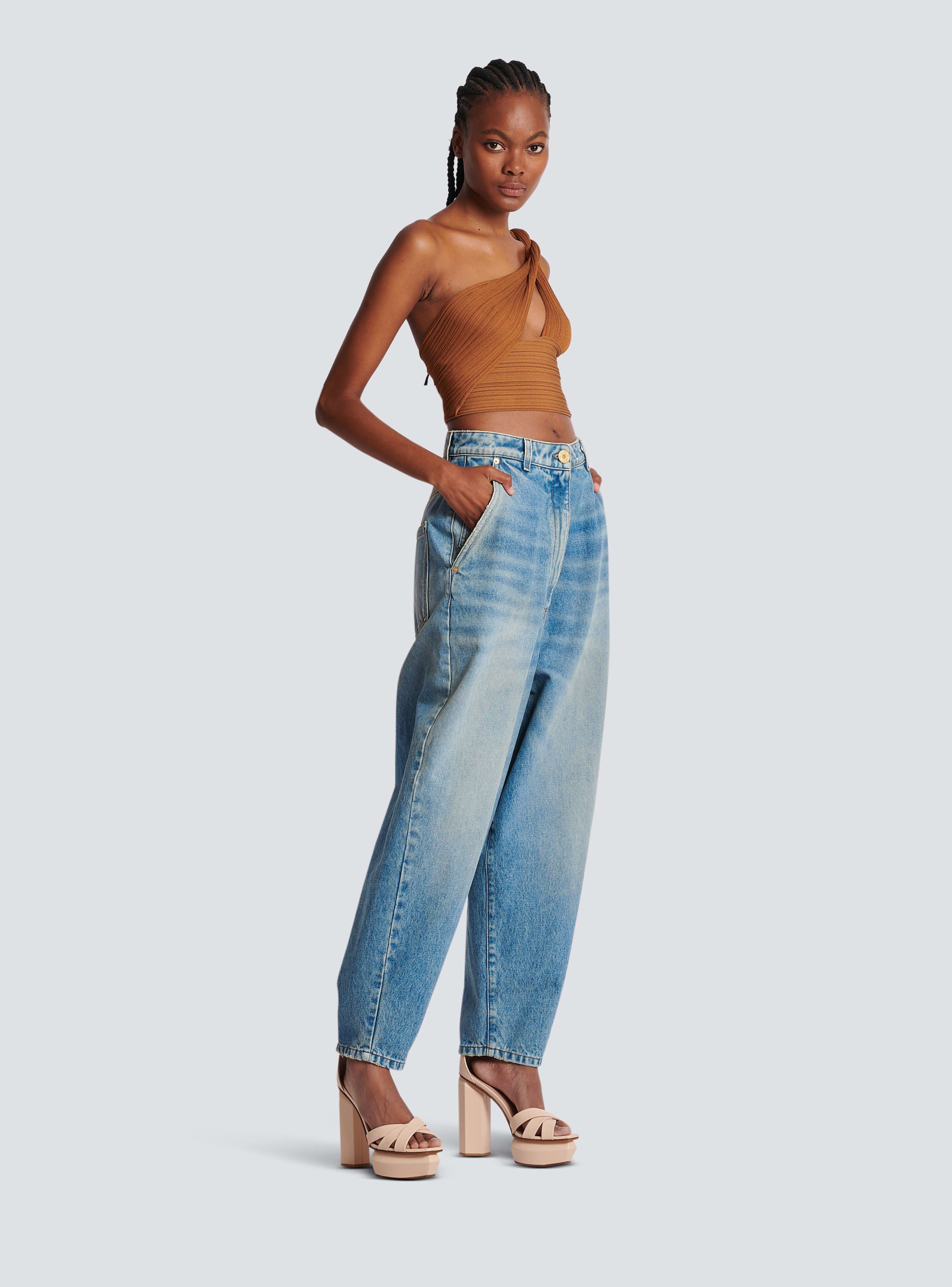 BALMAIN WOMEN'S BRAIDED ASYMMETRIC PLEATED KNIT CROP TOP NWT