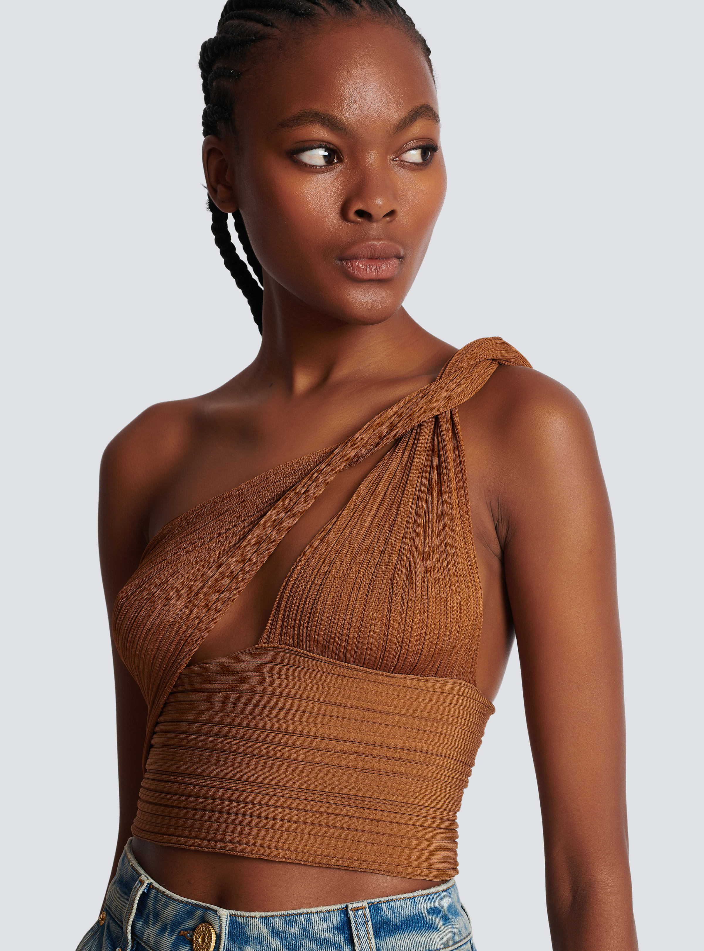 BALMAIN WOMEN'S BRAIDED ASYMMETRIC PLEATED KNIT CROP TOP NWT