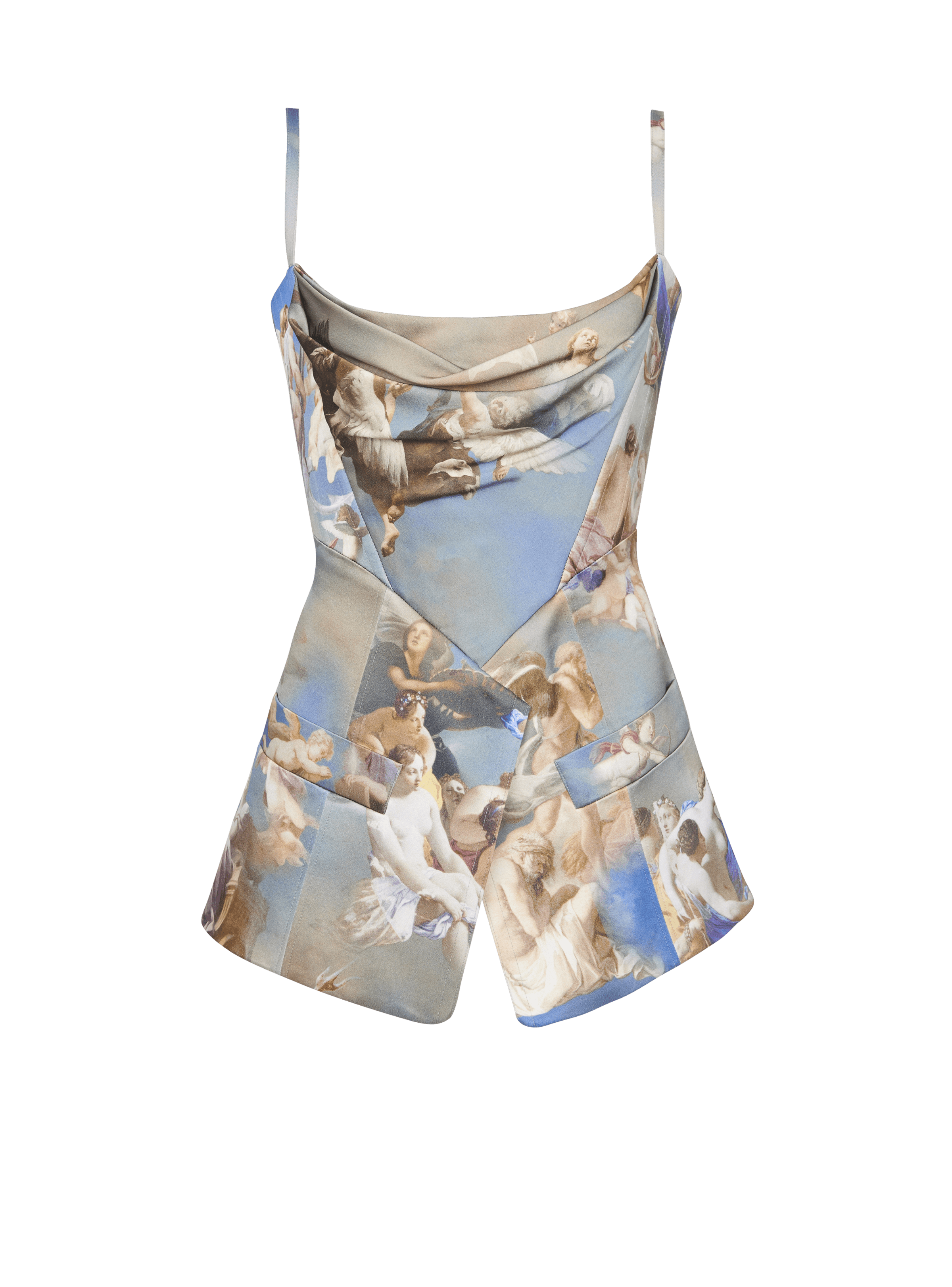 BALMAIN WOMEN'S STRAP TAILORED SKY PRINTED SATIN TOP NWT