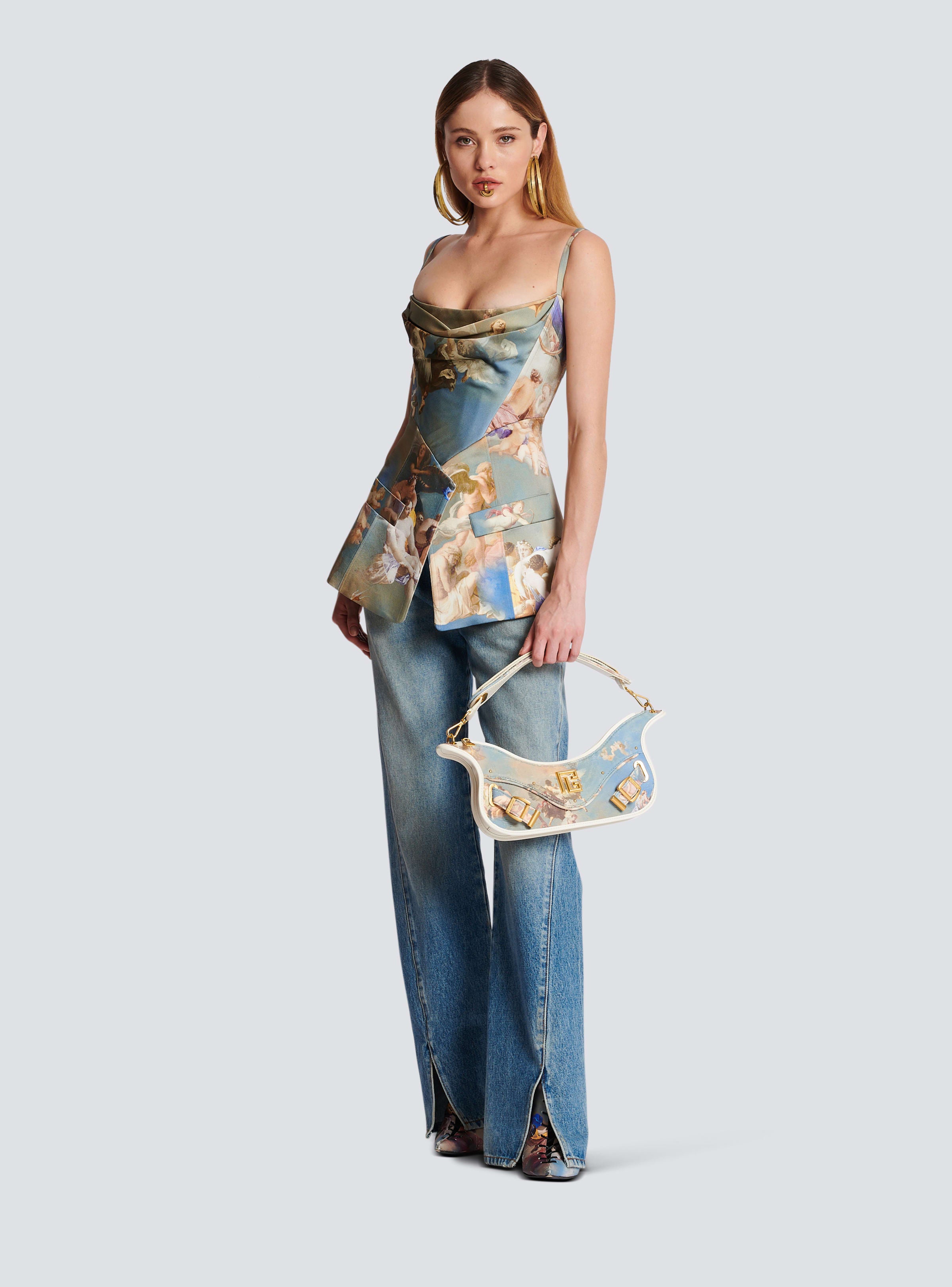 BALMAIN WOMEN'S STRAP TAILORED SKY PRINTED SATIN TOP NWT