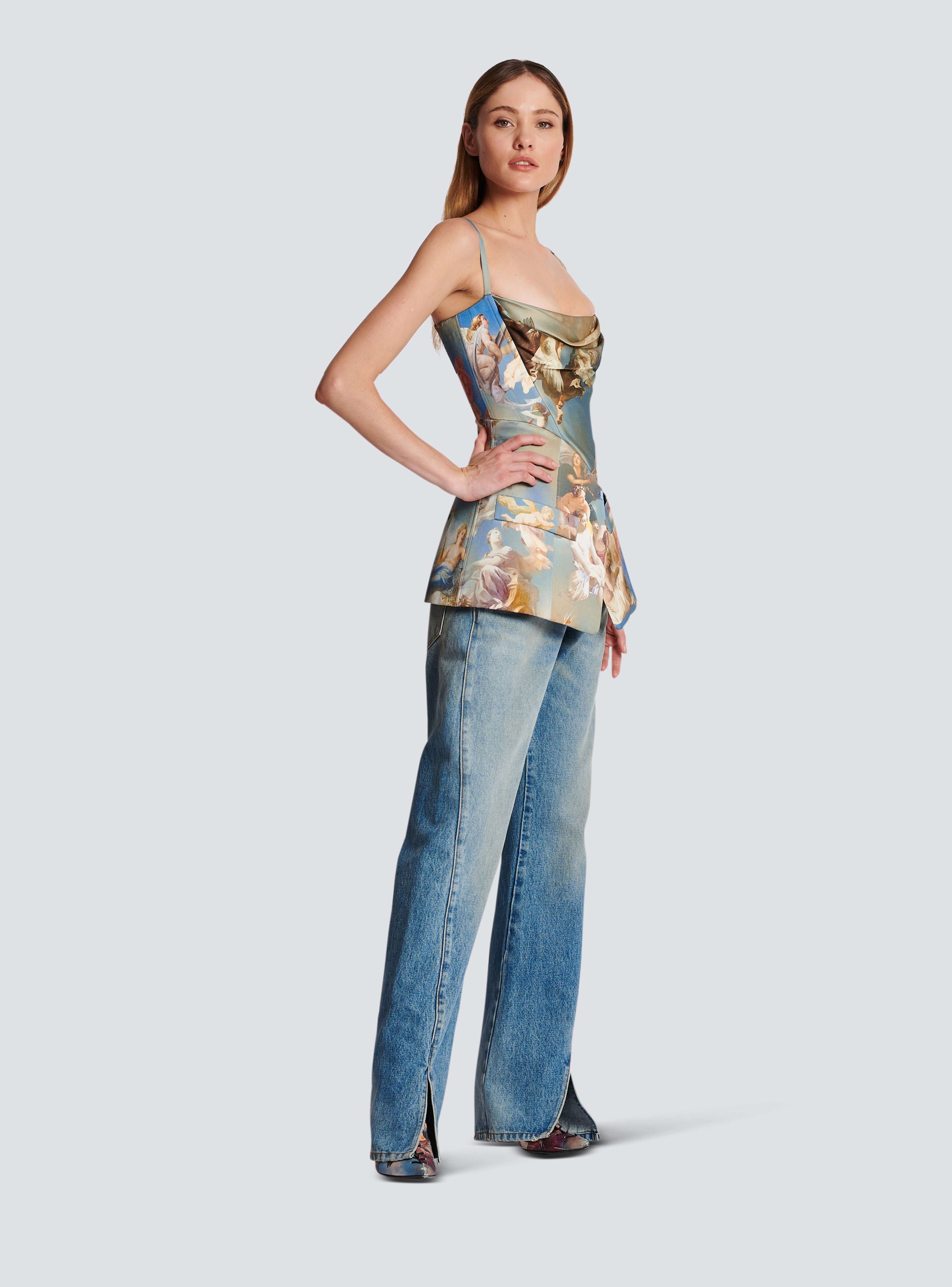 BALMAIN WOMEN'S STRAP TAILORED SKY PRINTED SATIN TOP NWT