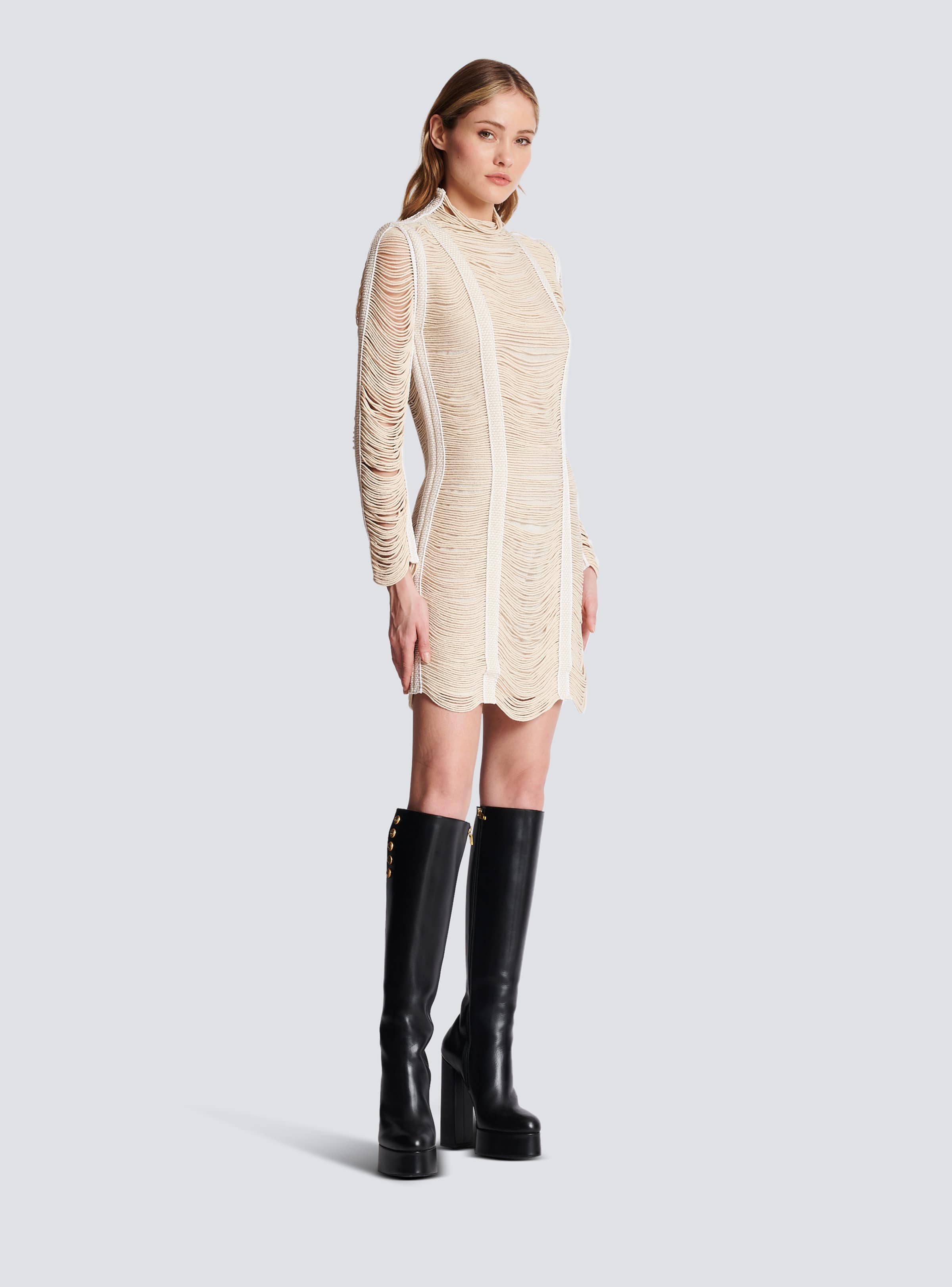 BALMAIN WOMEN'S NATURAL MACRAME KNIT SHORT DRESS