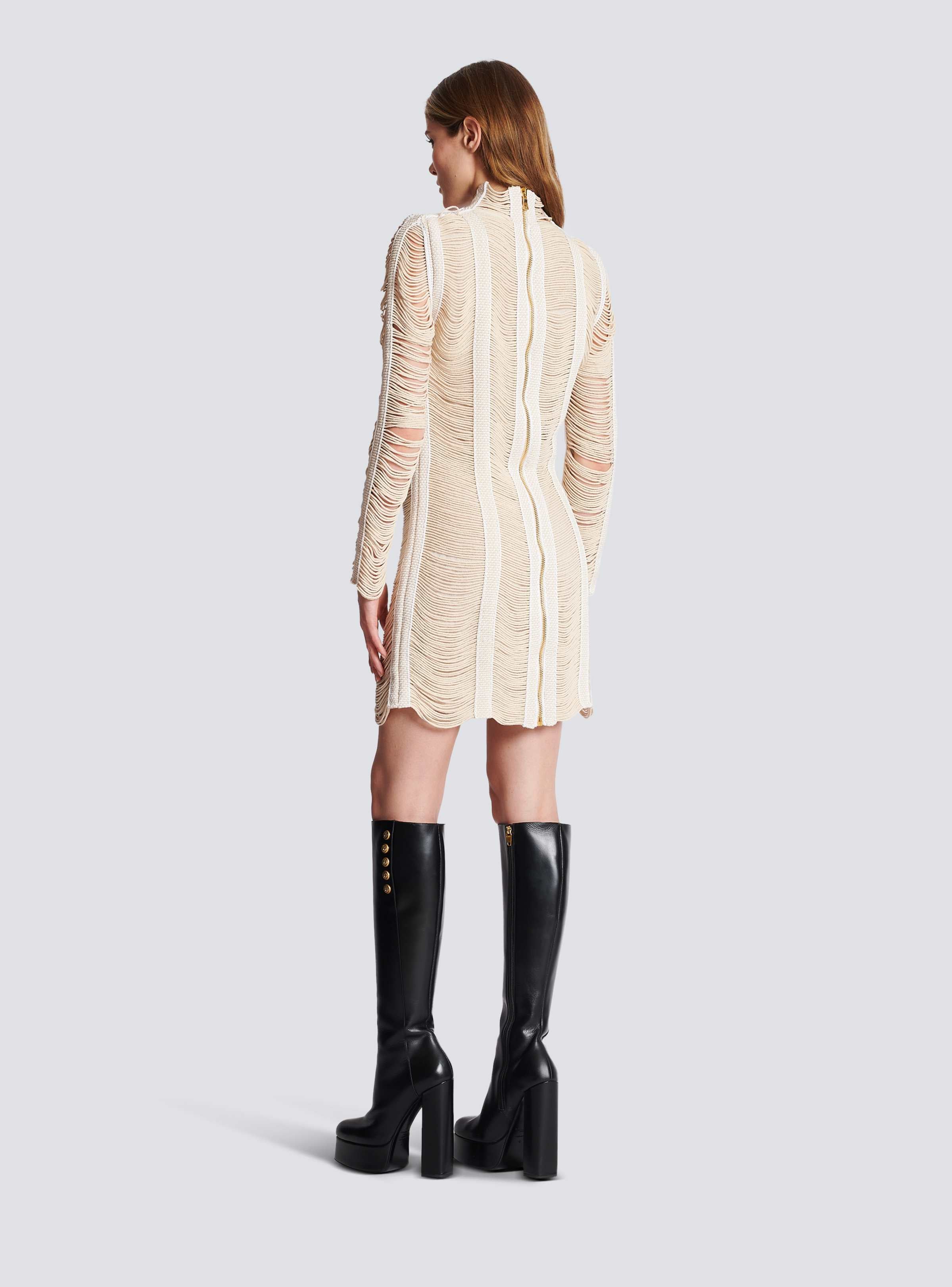 BALMAIN WOMEN'S NATURAL MACRAME KNIT SHORT DRESS
