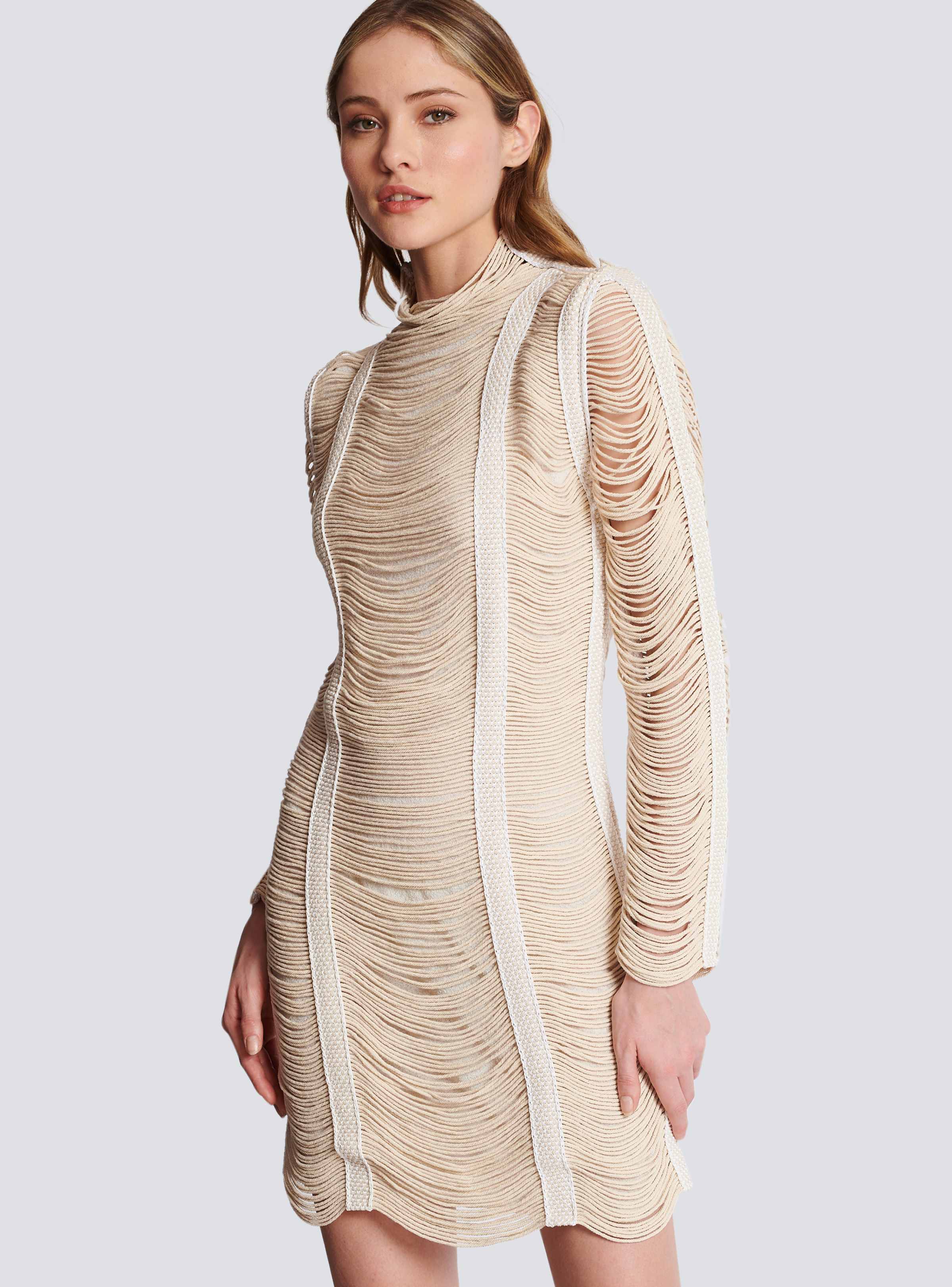 BALMAIN WOMEN'S NATURAL MACRAME KNIT SHORT DRESS