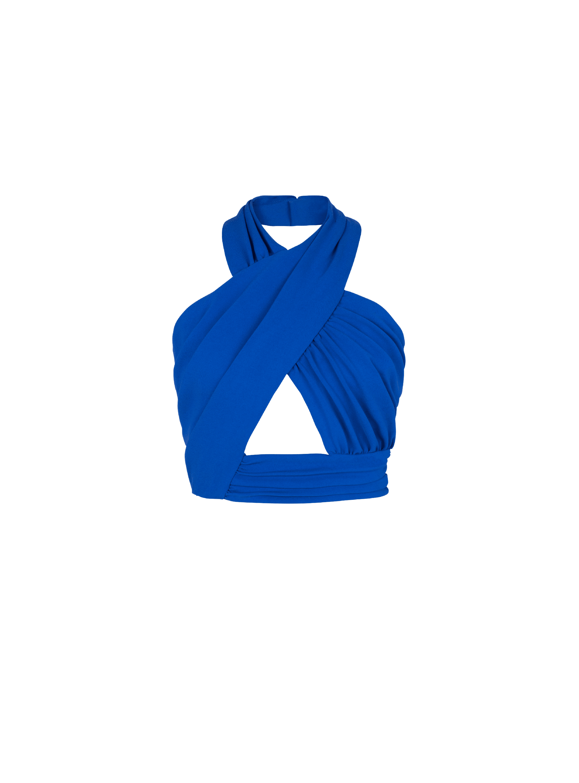 BALMAIN WOMEN'S ELECTRIC BLUE DRAPED HALTERNECK CROPPED TOP