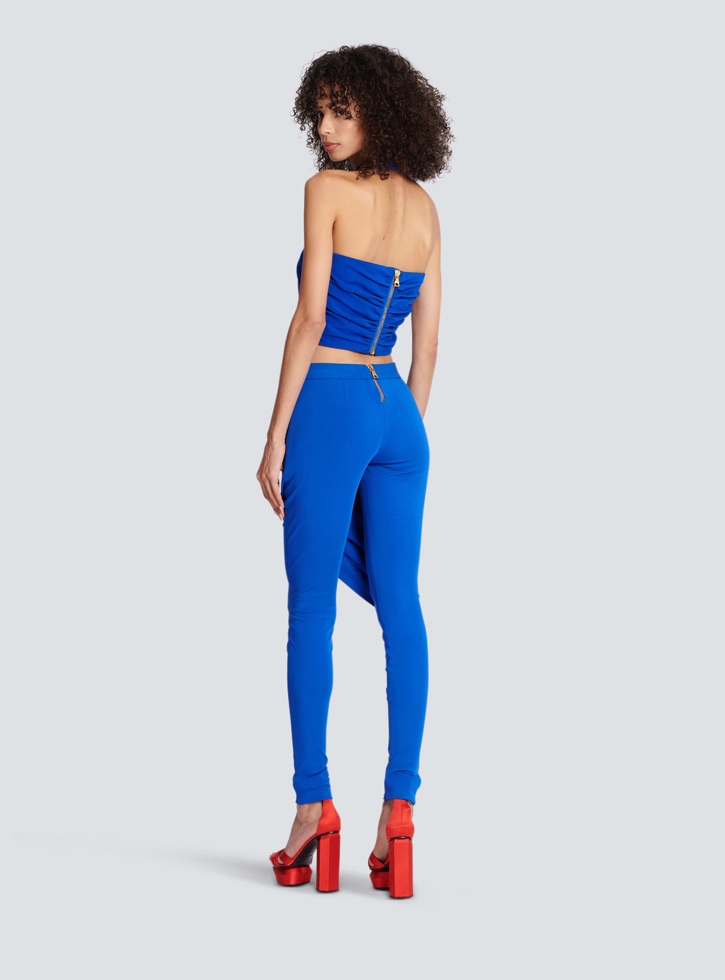 BALMAIN WOMEN'S ELECTRIC BLUE DRAPED HALTERNECK CROPPED TOP