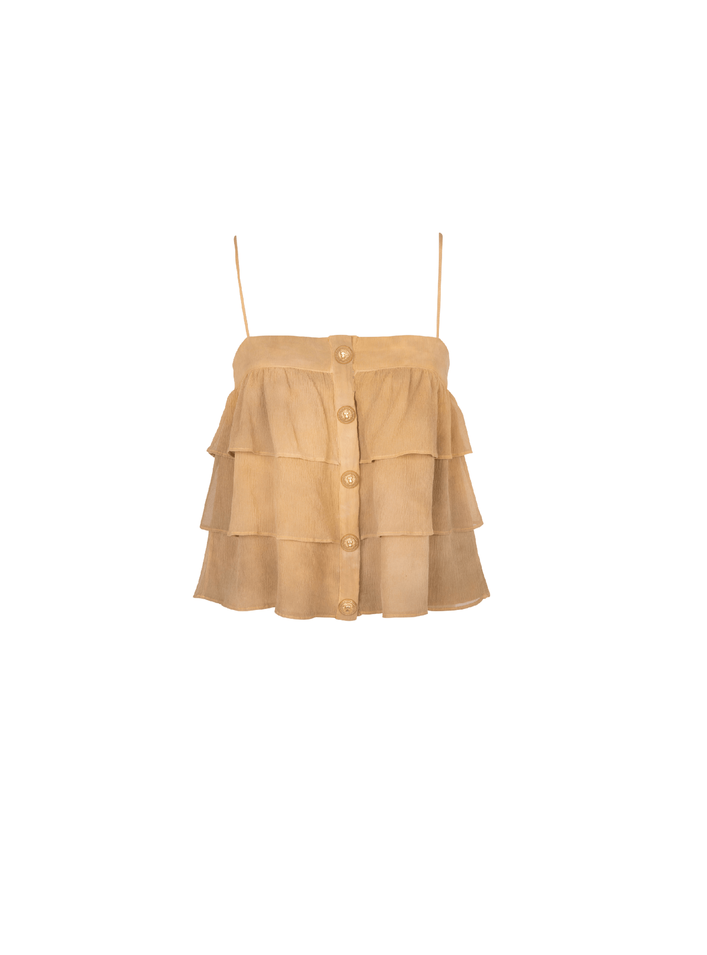 BALMAIN WOMEN'S MULTI-BROWN RUFFLED SPAGHETTI STRAP TOP