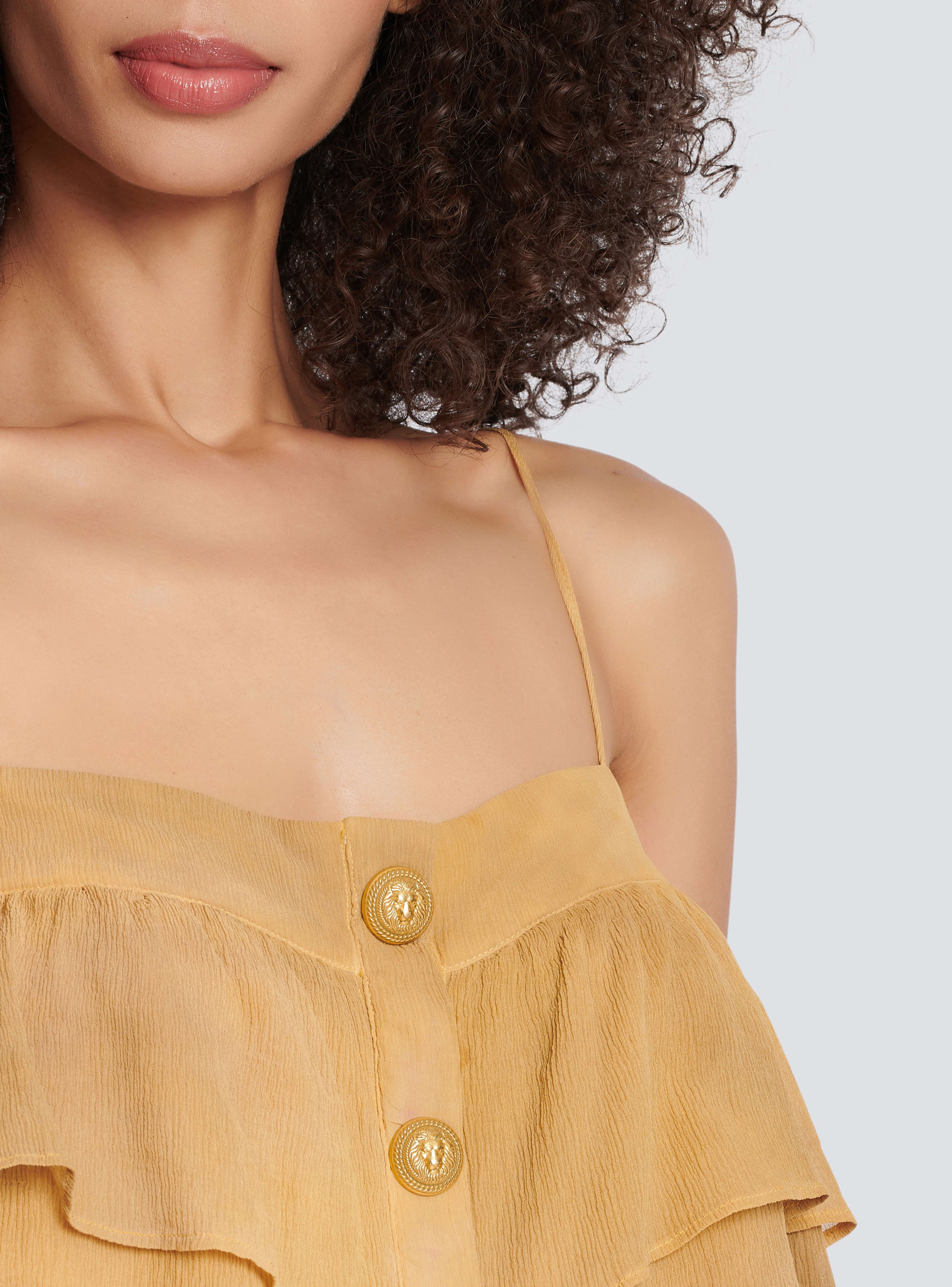 BALMAIN WOMEN'S MULTI-BROWN RUFFLED SPAGHETTI STRAP TOP