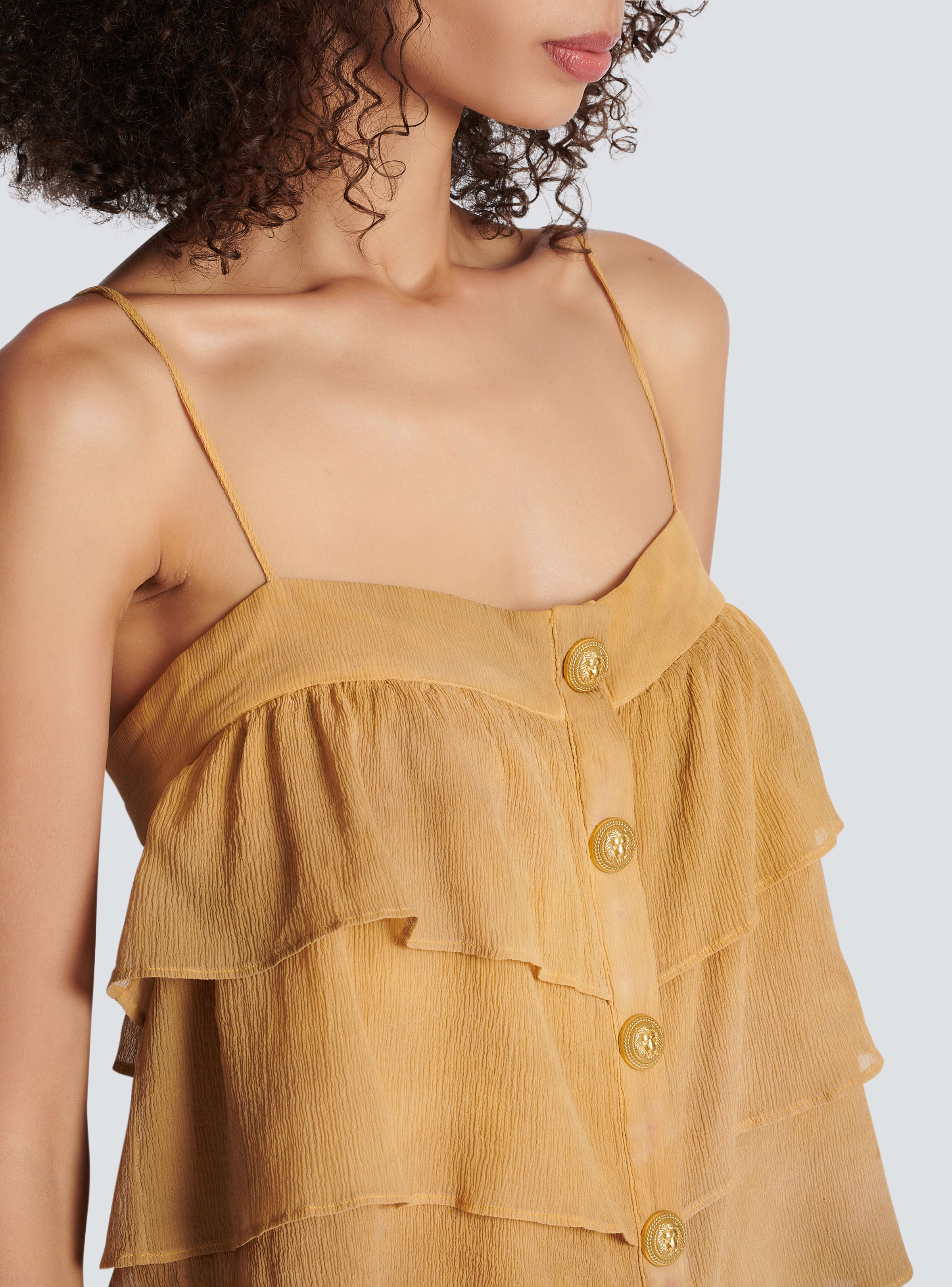 BALMAIN WOMEN'S MULTI-BROWN RUFFLED SPAGHETTI STRAP TOP