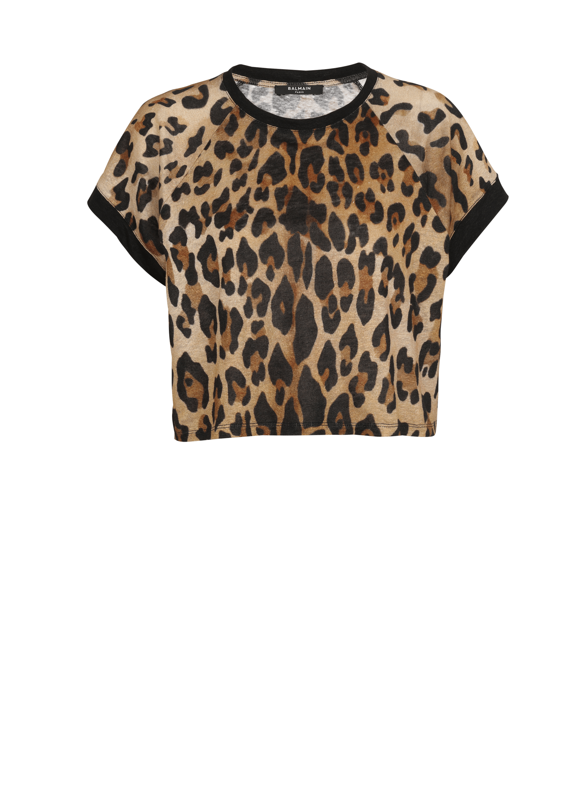 BALMAIN WOMEN'S LEOPARD PRINTED LINEN JERSEY CROPPED TS NWT