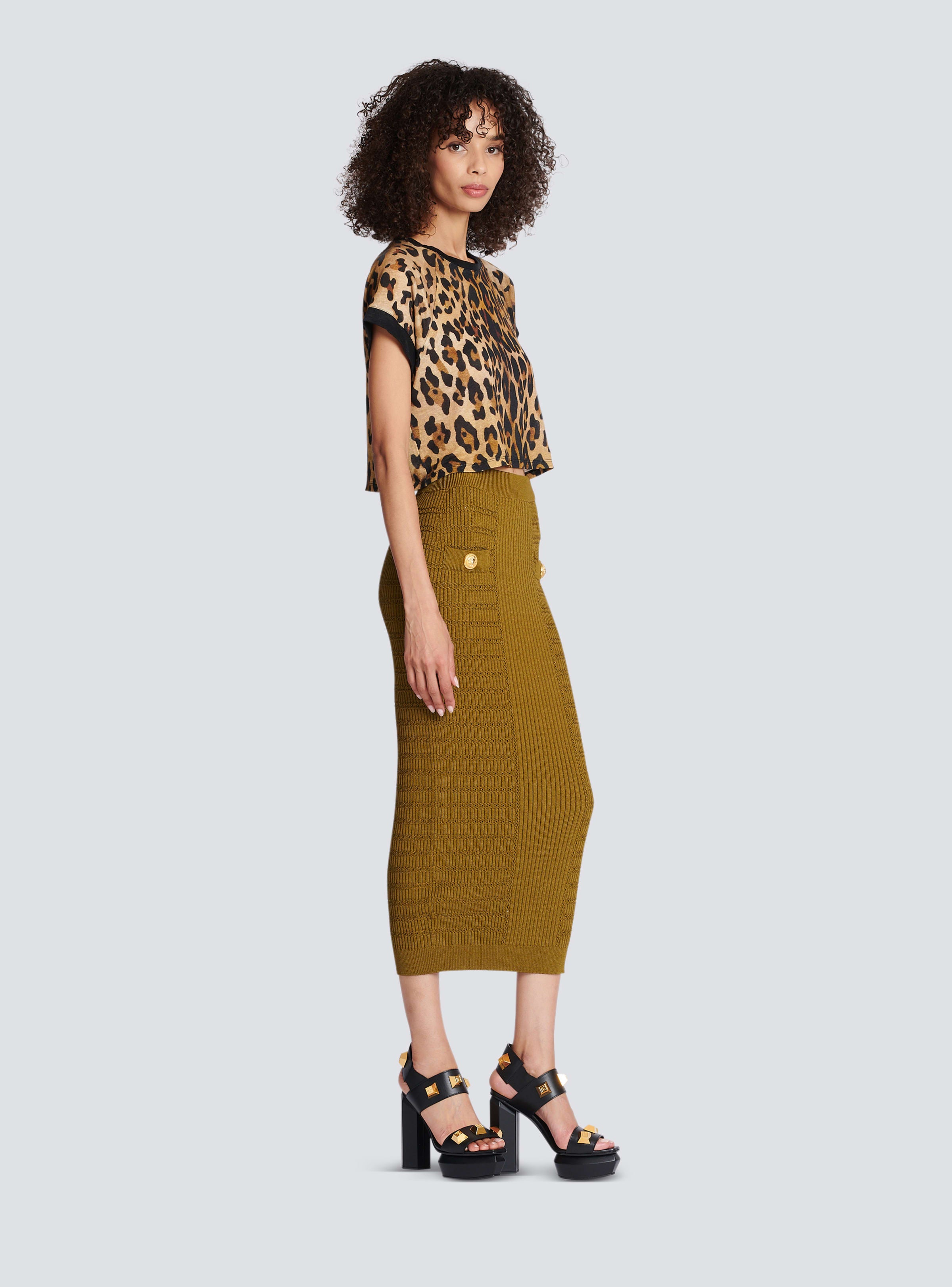 BALMAIN WOMEN'S LEOPARD PRINTED LINEN JERSEY CROPPED TS NWT