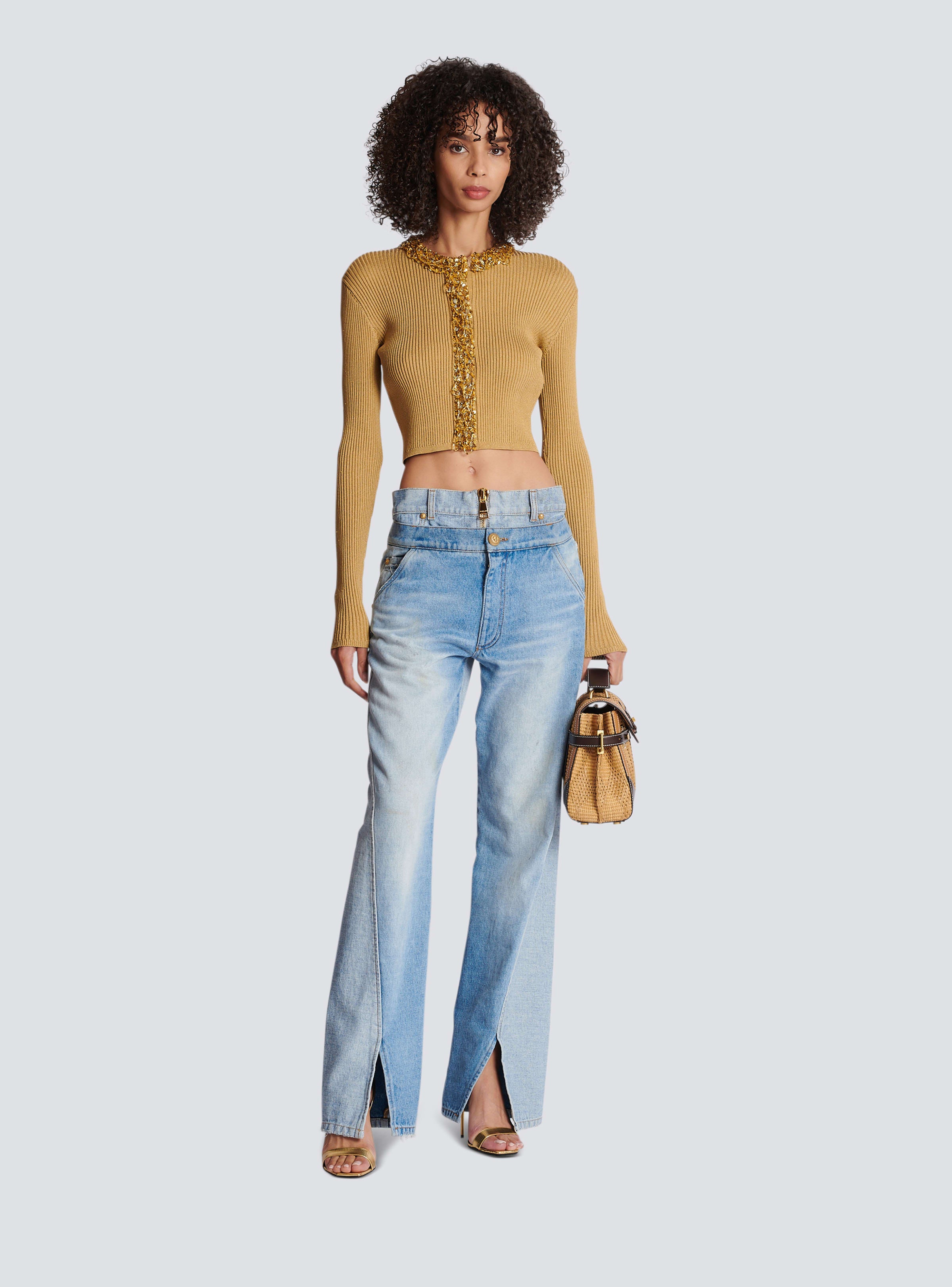 BALMAIN WOMEN'S EMBROIDERED KNIT CROPPED CARDIGAN NWT