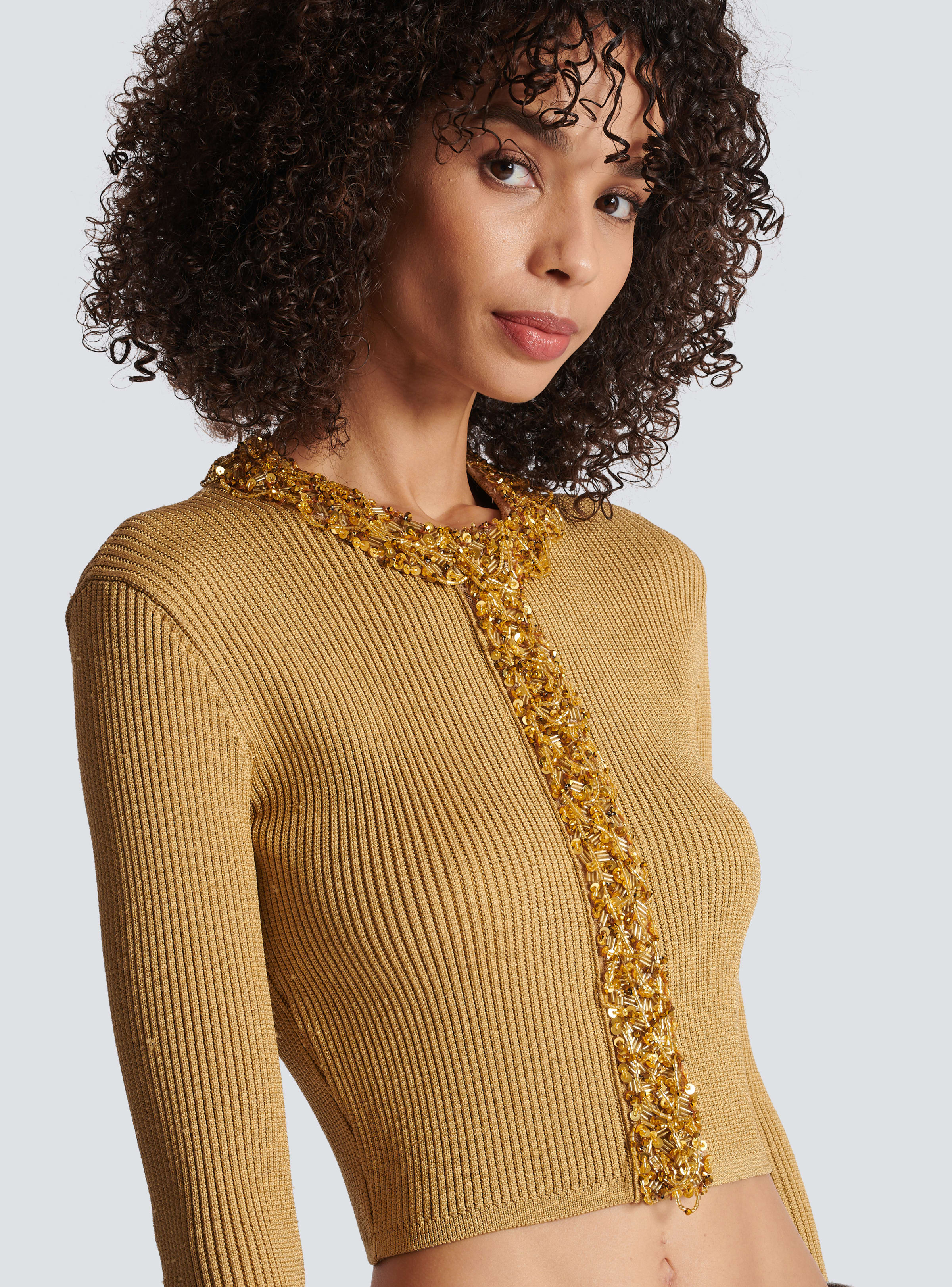 BALMAIN WOMEN'S EMBROIDERED KNIT CROPPED CARDIGAN NWT