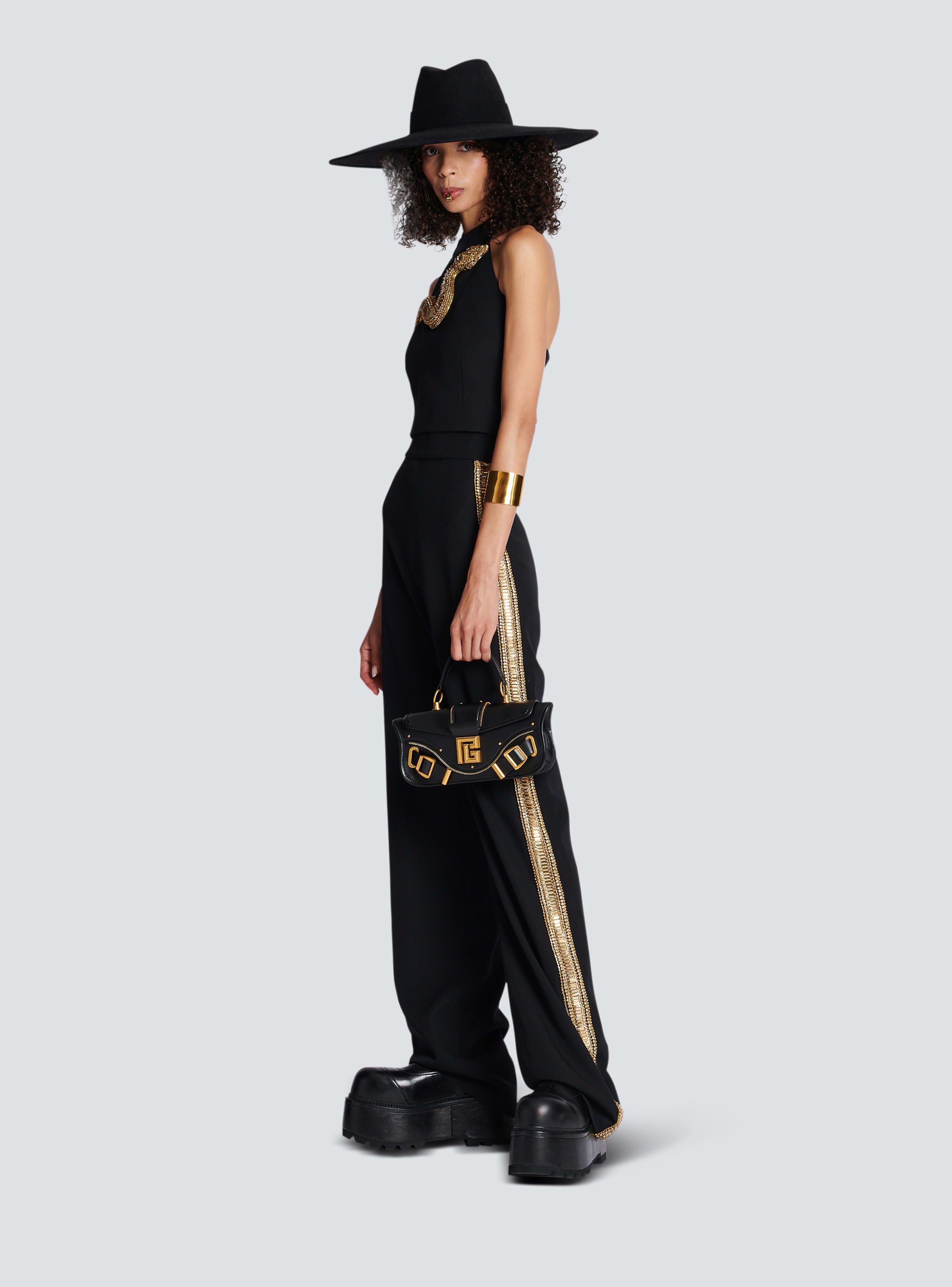 BALMAIN WOMEN'S BLACK GOLD EMBROIDERED WIDE-LEG TROUSERS