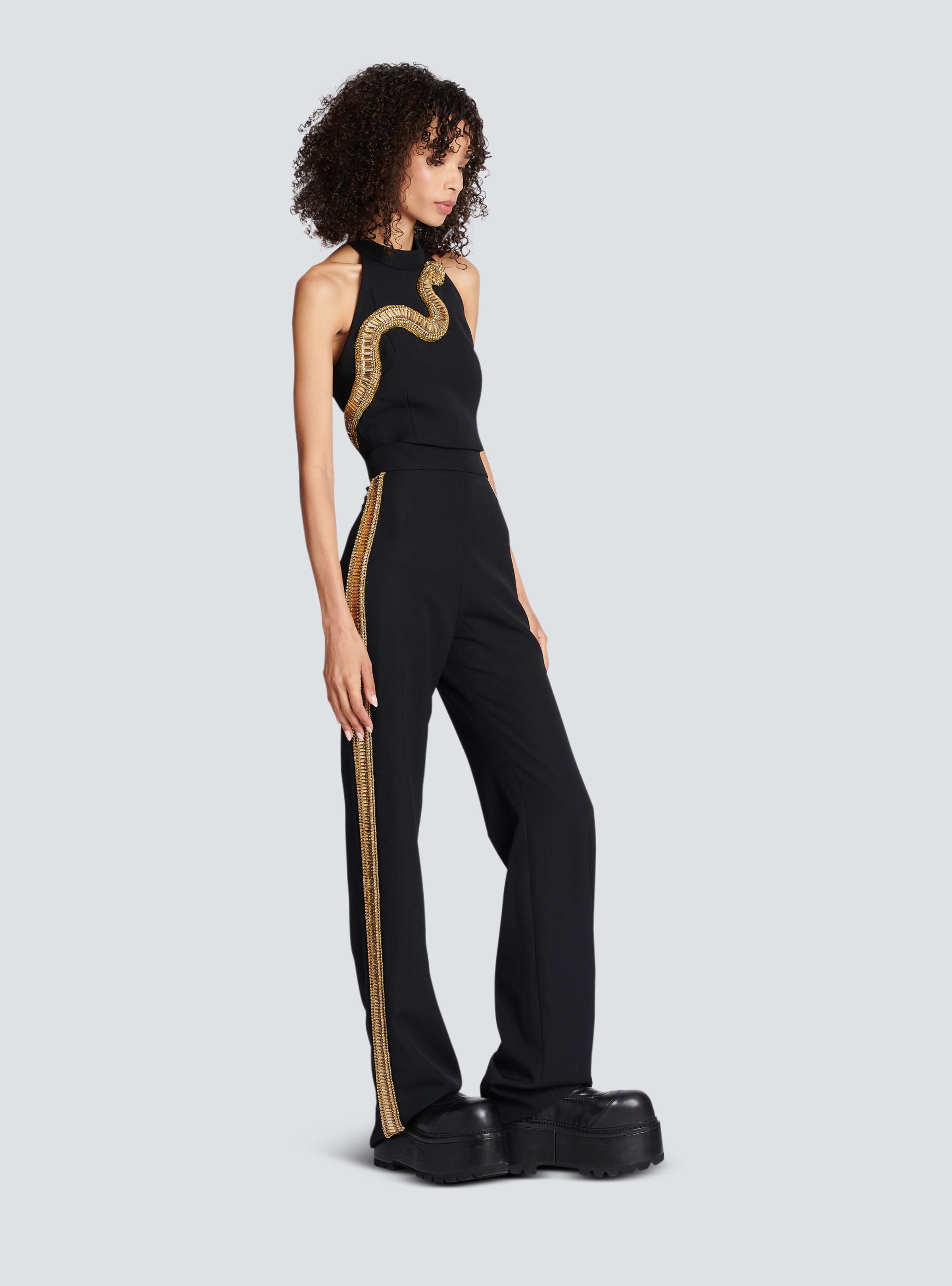 BALMAIN WOMEN'S BLACK GOLD EMBROIDERED WIDE-LEG TROUSERS