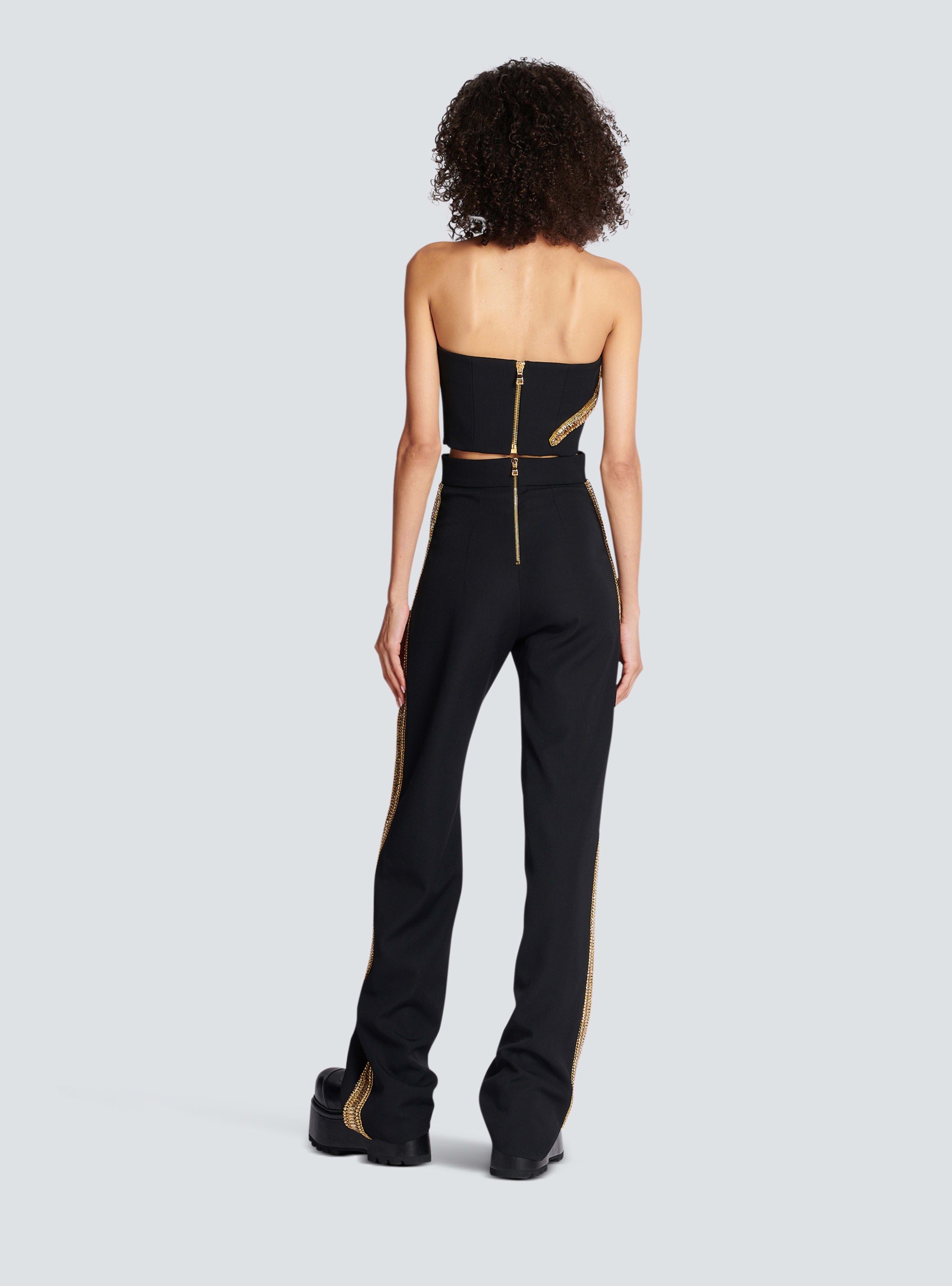 BALMAIN WOMEN'S BLACK GOLD EMBROIDERED WIDE-LEG TROUSERS
