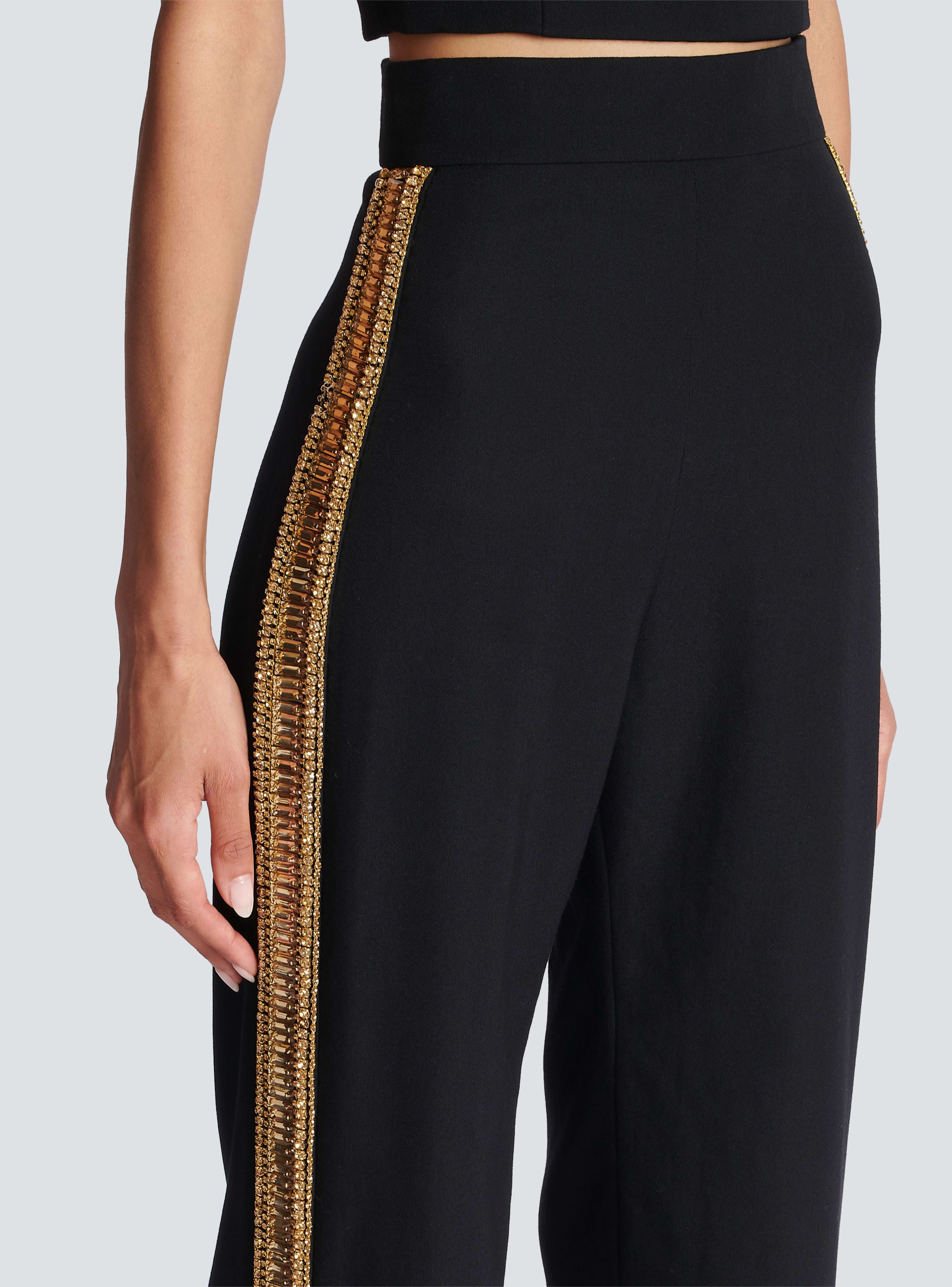 BALMAIN WOMEN'S BLACK GOLD EMBROIDERED WIDE-LEG TROUSERS