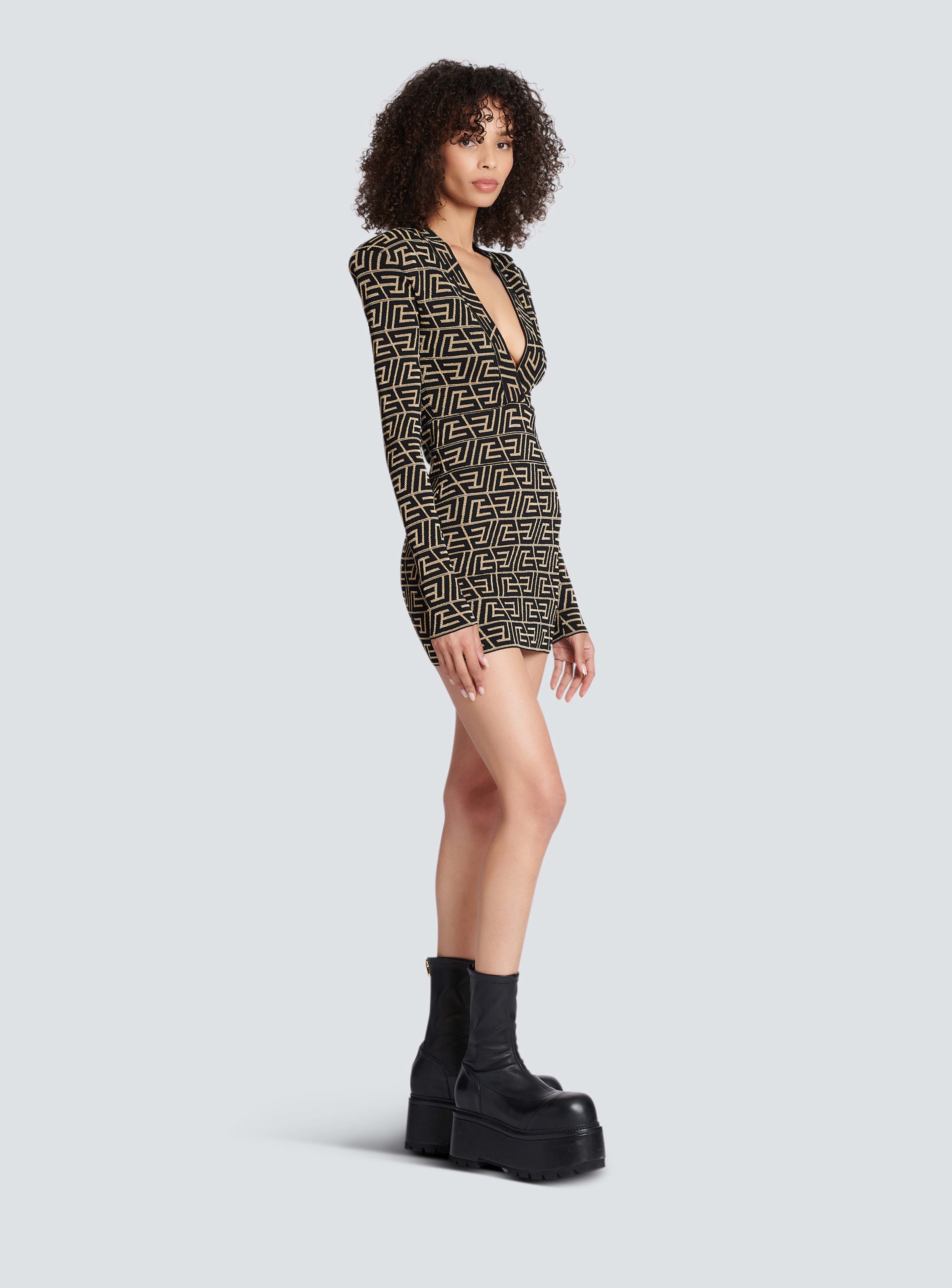 BALMAIN WOMEN'S LS V NECK PYRAMIDE PB KNIT SHORT DRESS NWT