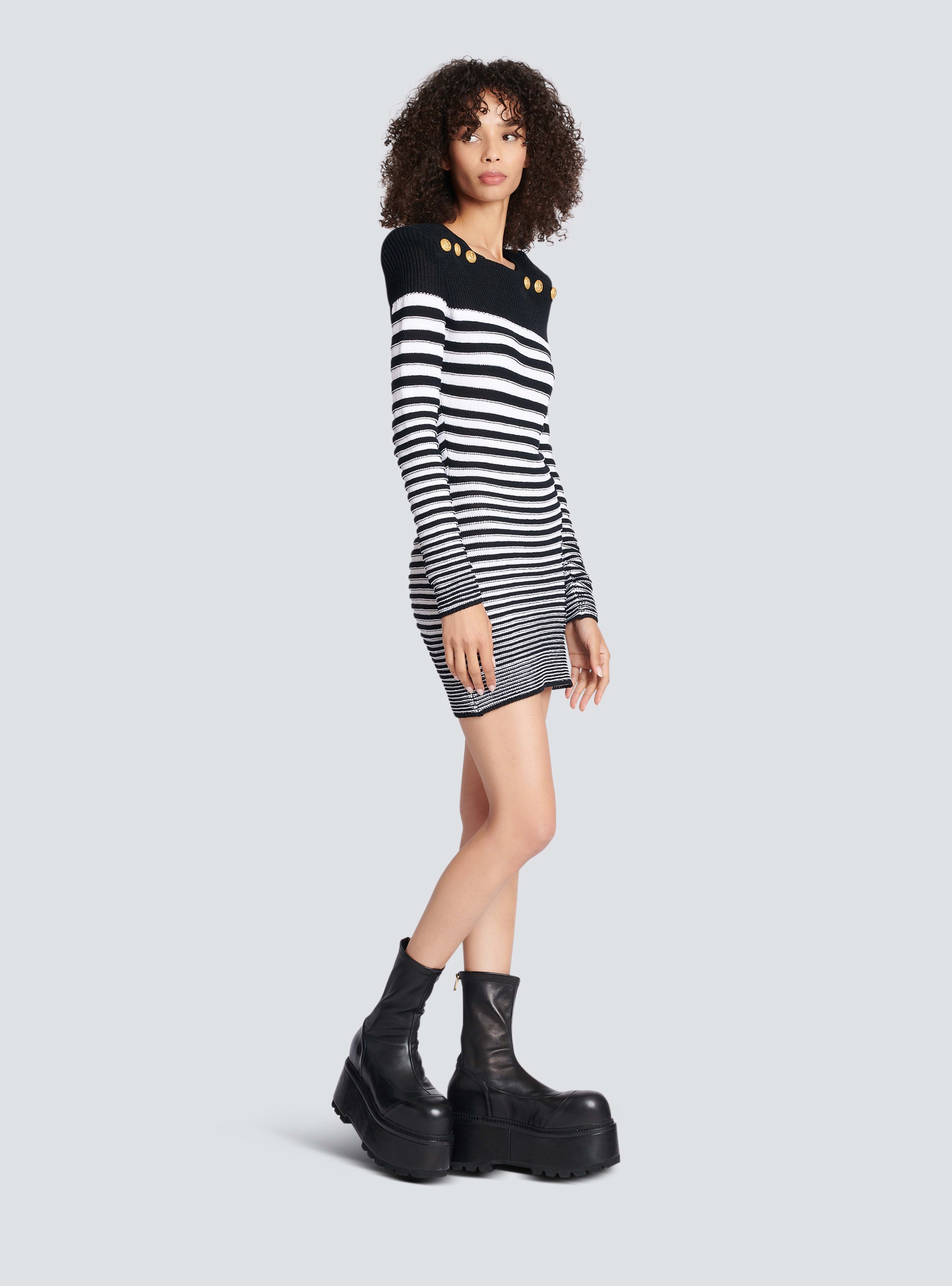 BALMAIN WOMEN'S LS 6 BTN STRIPED KNIT SHORT DRESS NWT