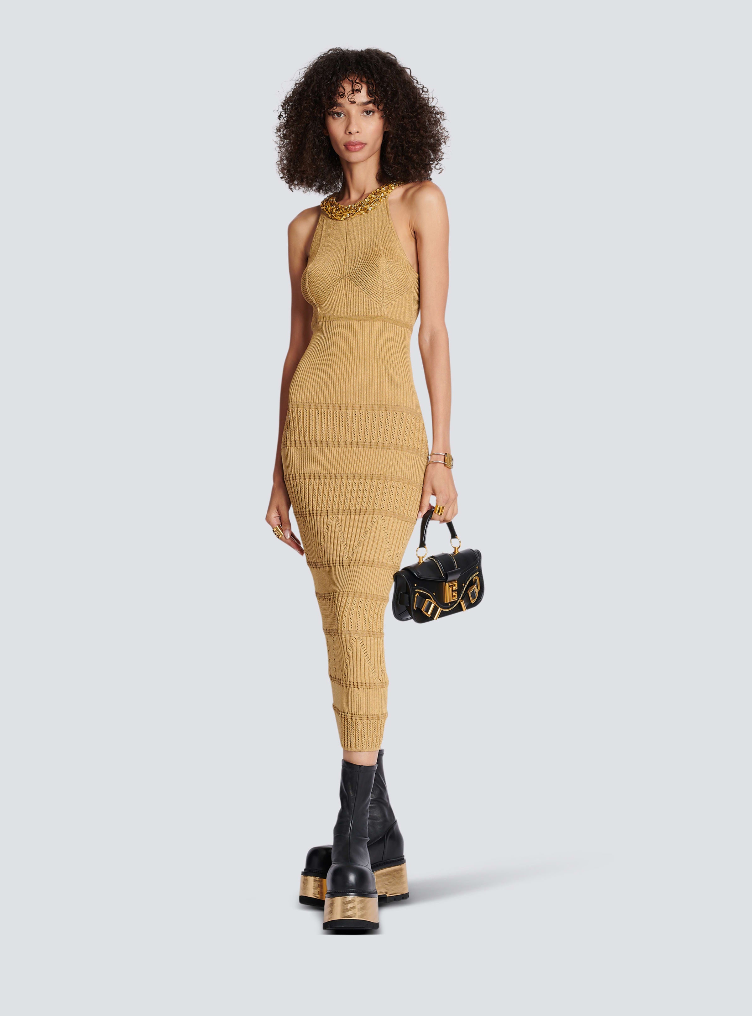BALMAIN WOMEN'S EMBROIDERED COLLAR KNIT MIDI DRESS NWT