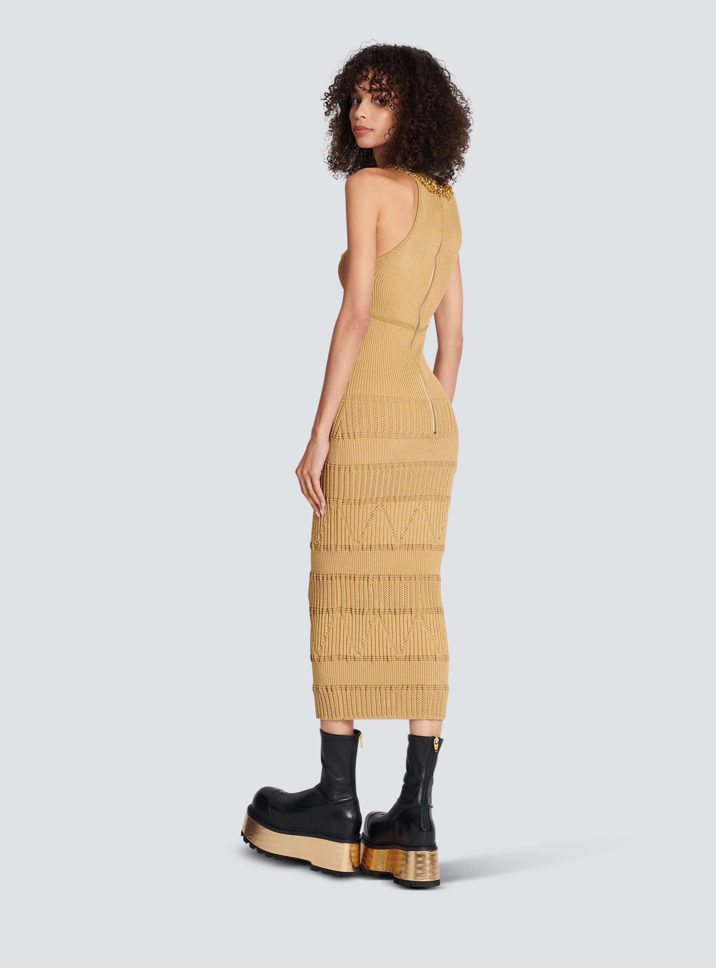 BALMAIN WOMEN'S EMBROIDERED COLLAR KNIT MIDI DRESS NWT