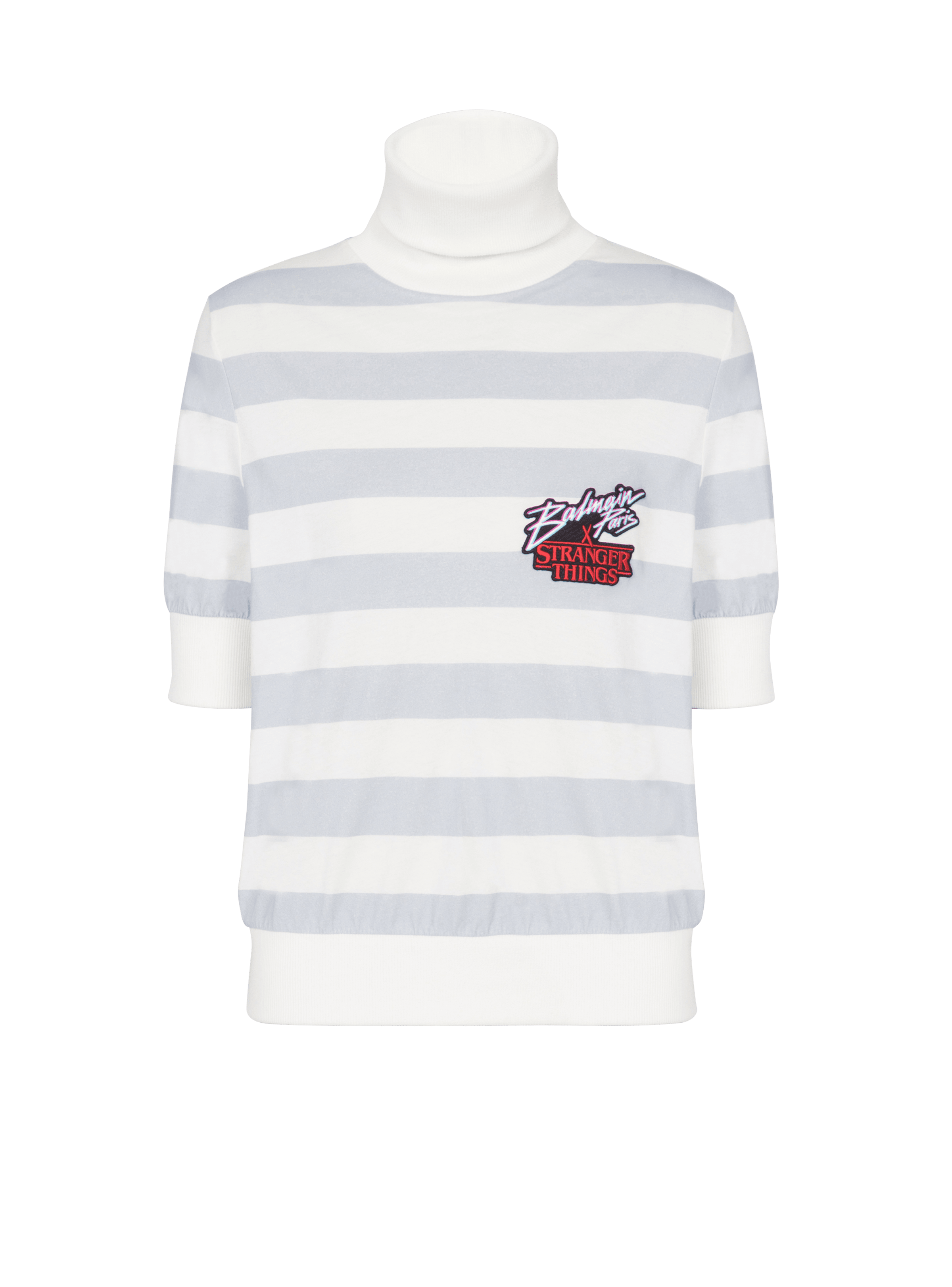 BALMAIN WOMEN'S WHITE GREY STRIPED TURTLENECK TOP