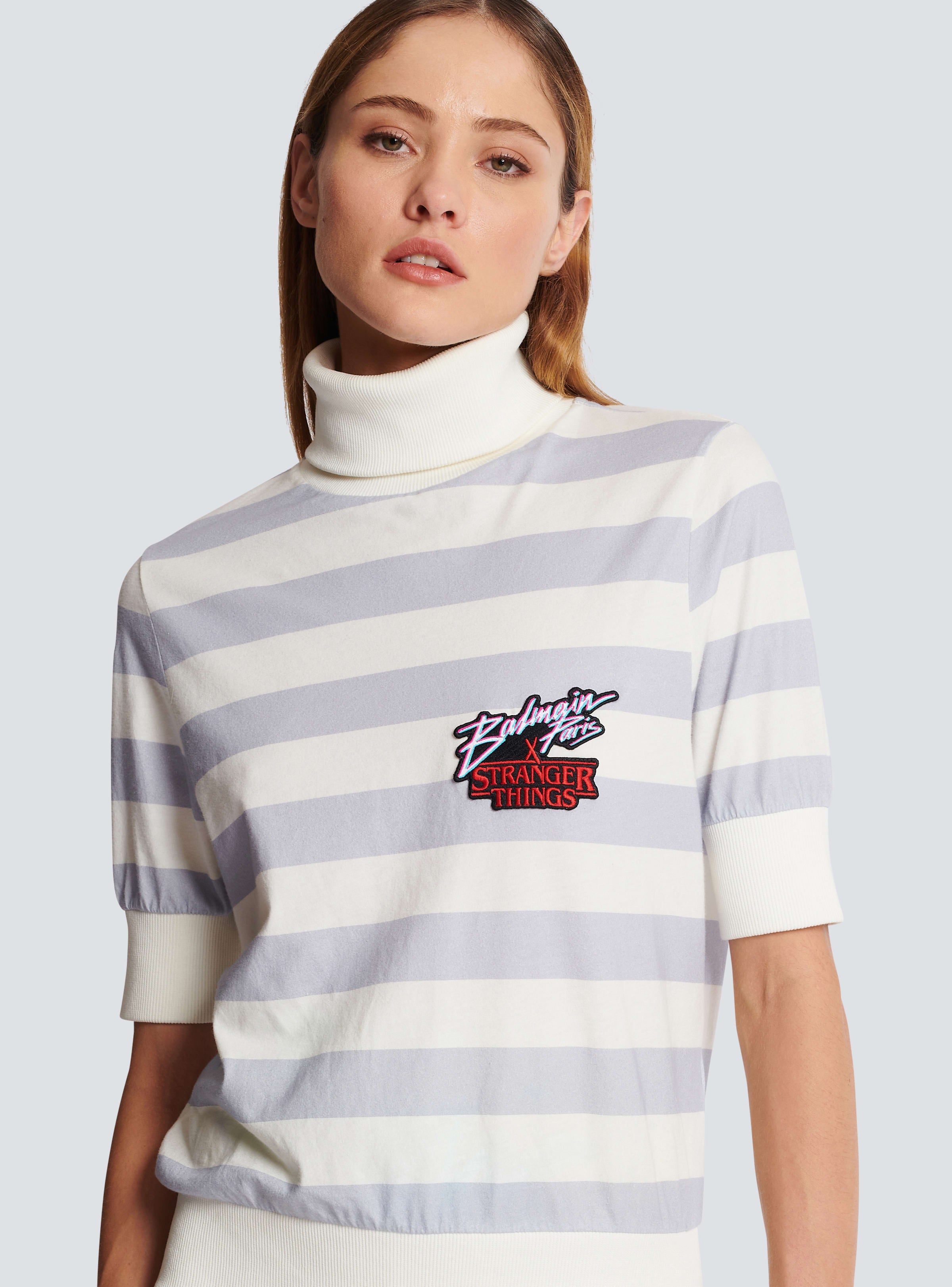 BALMAIN WOMEN'S WHITE GREY STRIPED TURTLENECK TOP