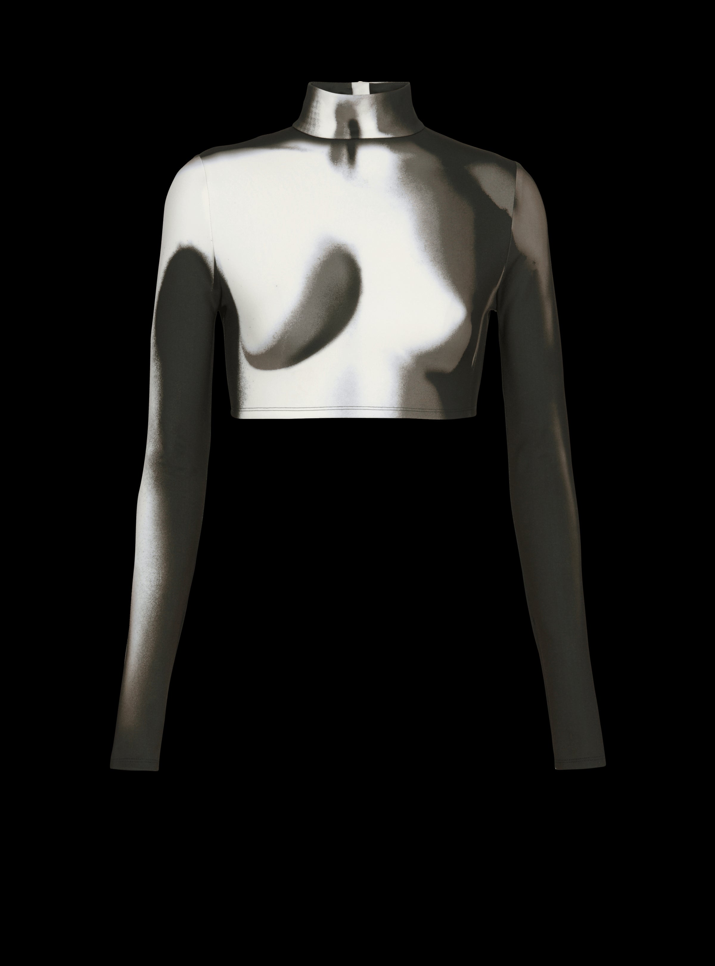 BALMAIN WOMEN'S LS BODY PRINT JERSEY CROPPED TOP NWT