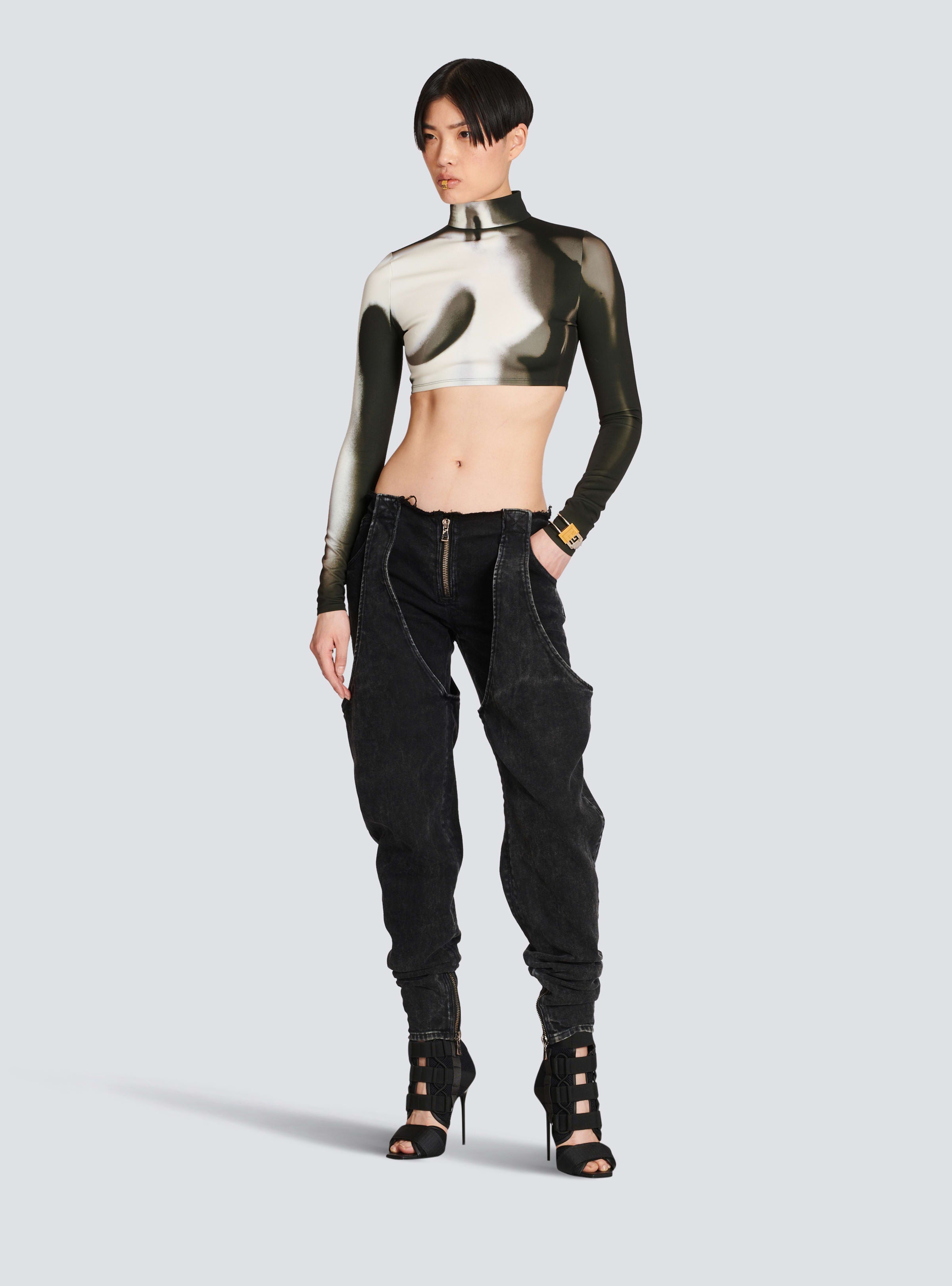 BALMAIN WOMEN'S LS BODY PRINT JERSEY CROPPED TOP NWT