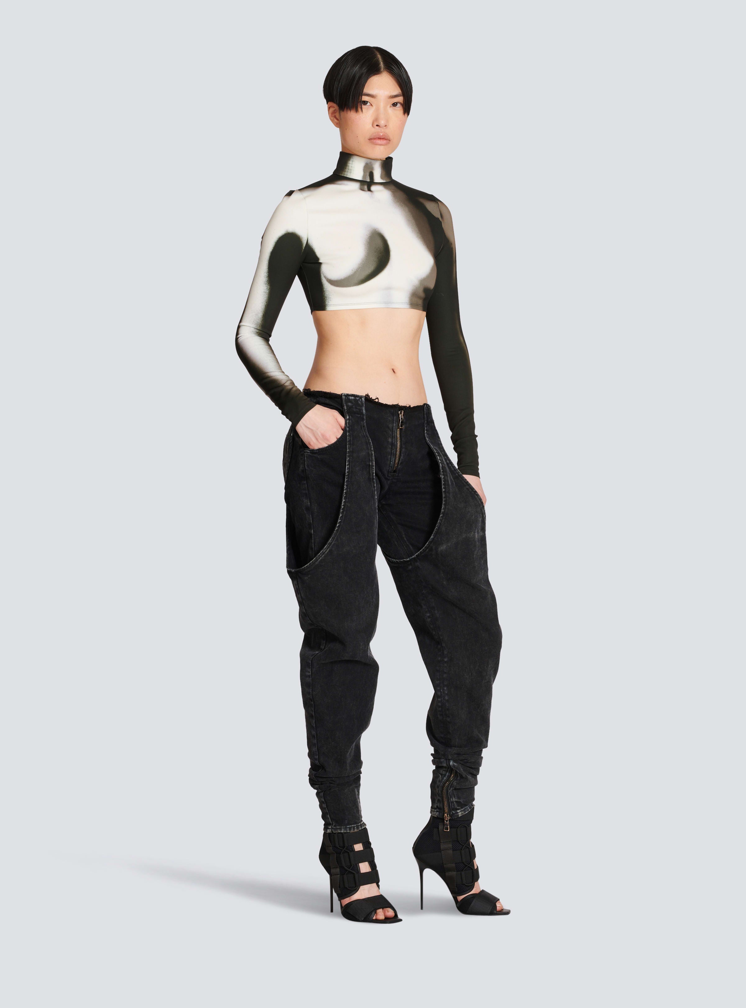 BALMAIN WOMEN'S LS BODY PRINT JERSEY CROPPED TOP NWT