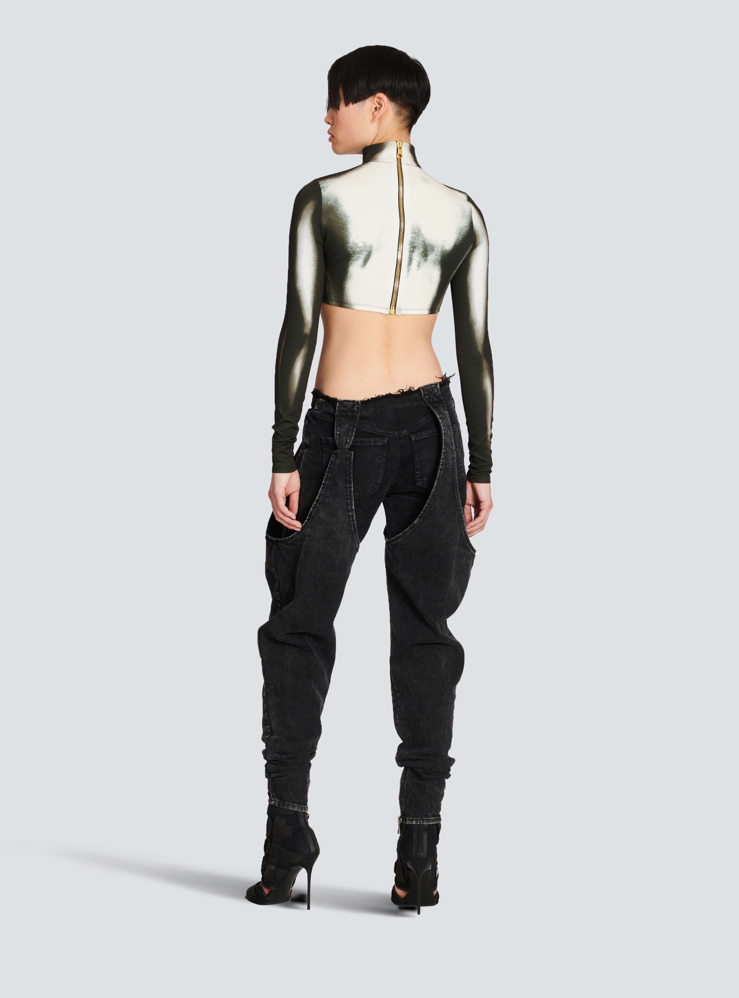 BALMAIN WOMEN'S LS BODY PRINT JERSEY CROPPED TOP NWT