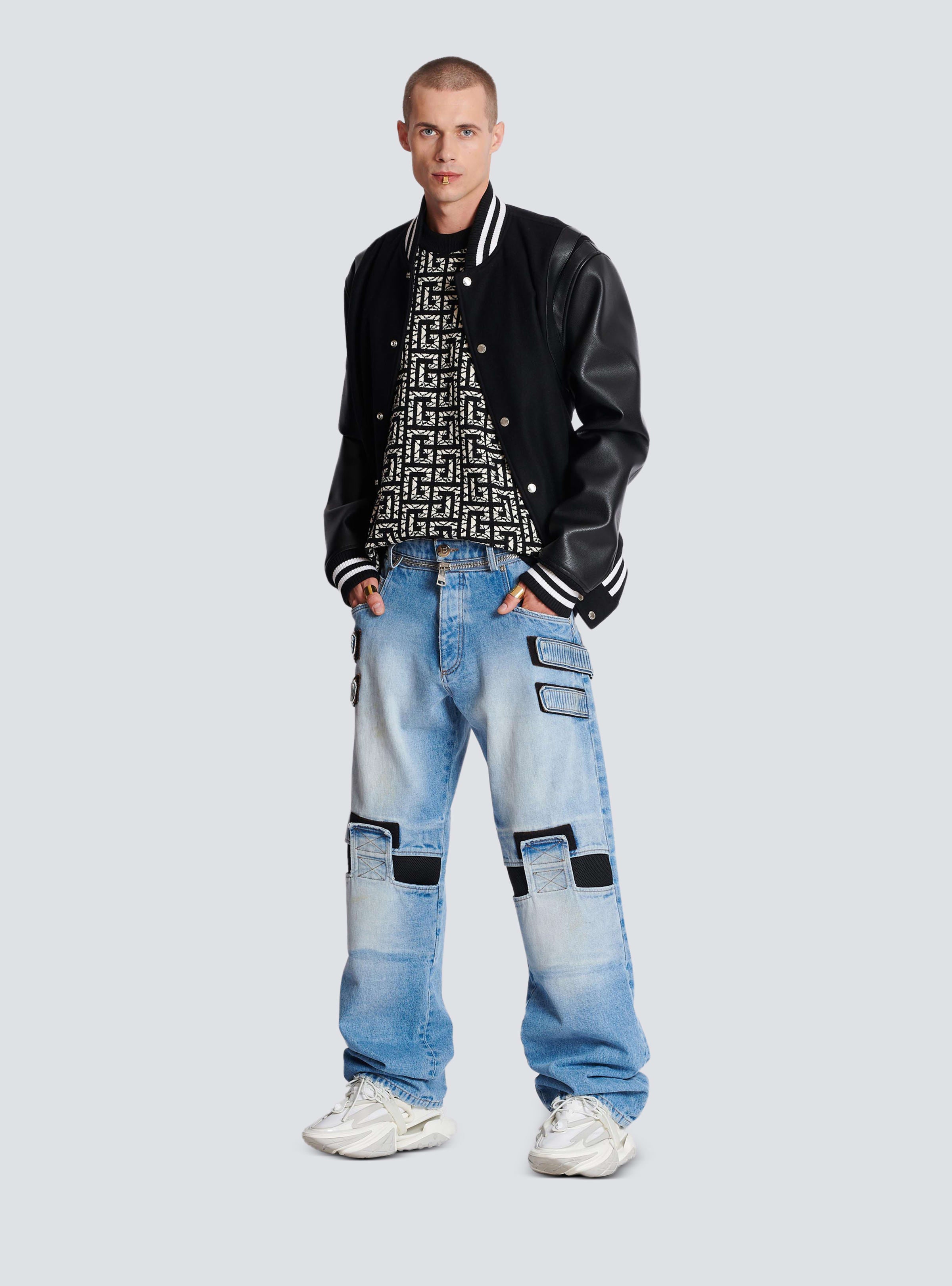 BALMAIN MEN'S KNEE PATCH LOOSE BLUE DENIM PANTS NWT