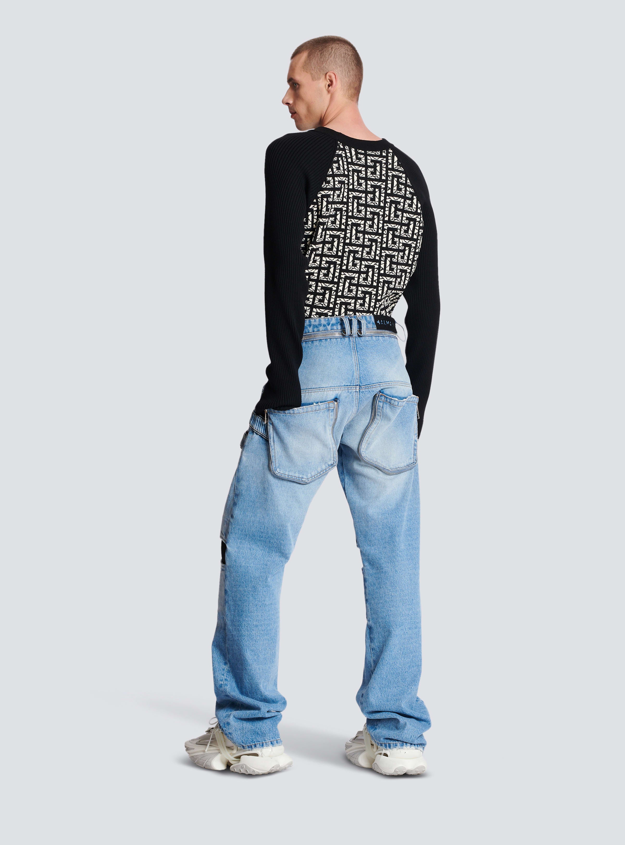 BALMAIN MEN'S KNEE PATCH LOOSE BLUE DENIM PANTS NWT