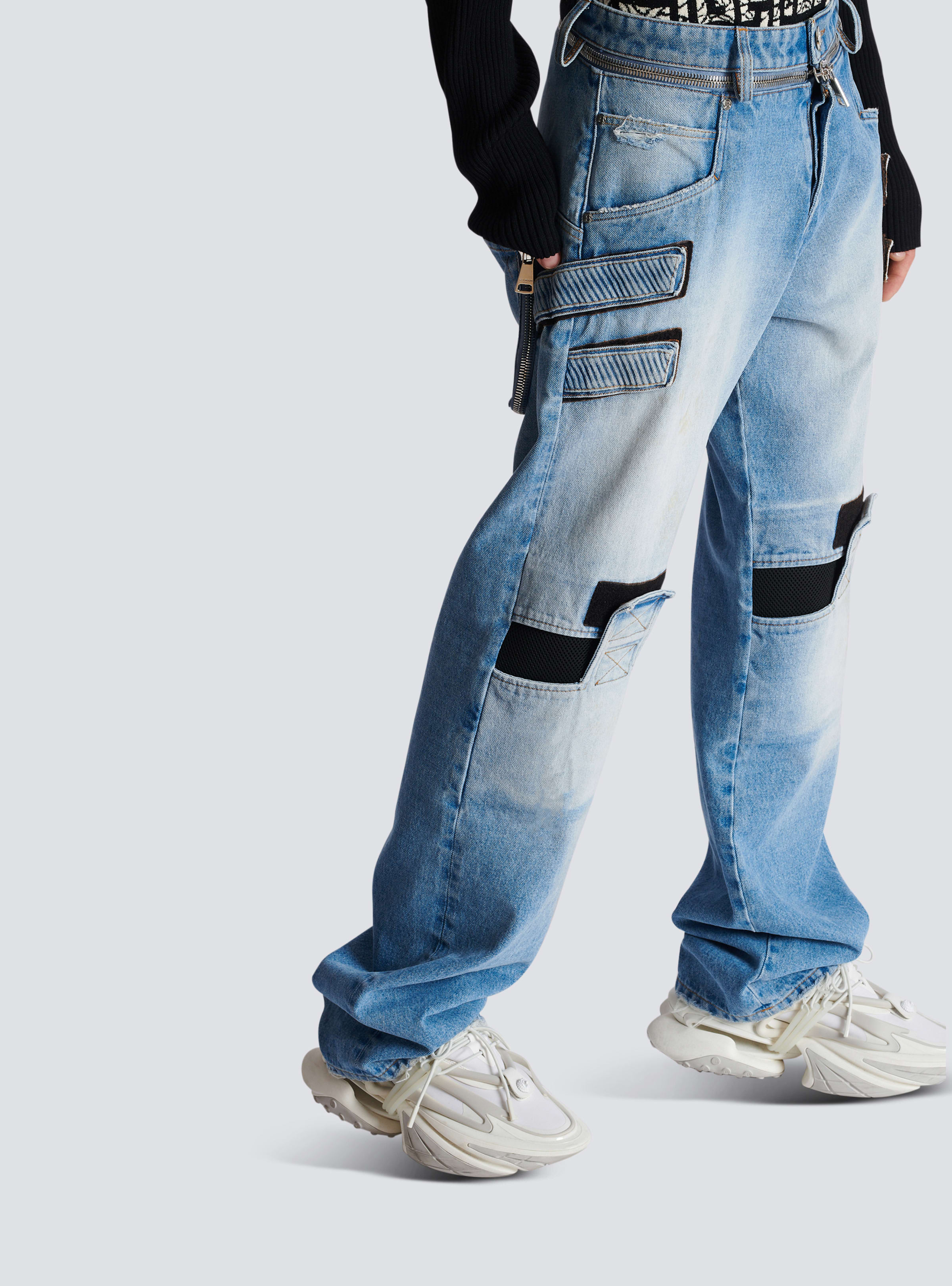 BALMAIN MEN'S KNEE PATCH LOOSE BLUE DENIM PANTS NWT