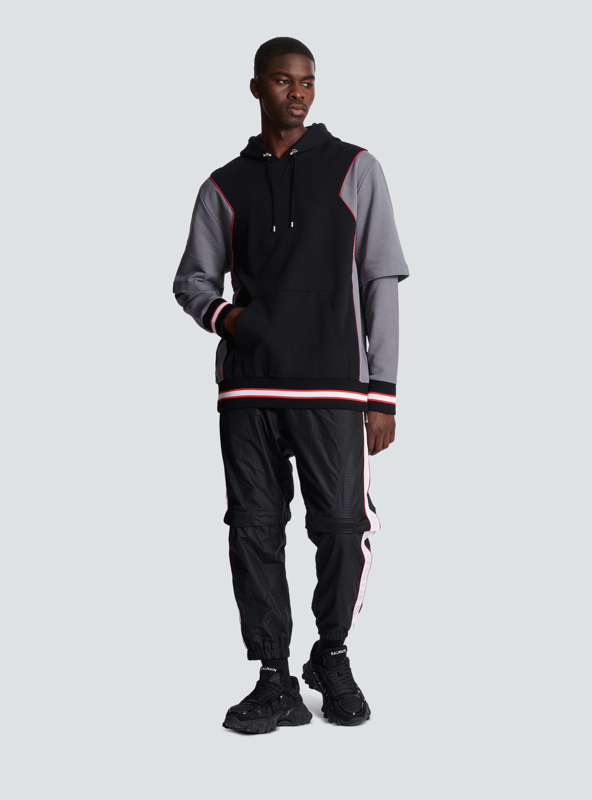 BALMAIN MEN'S BLACK GREY OVERSIZED HOODIE WITH STRIPES
