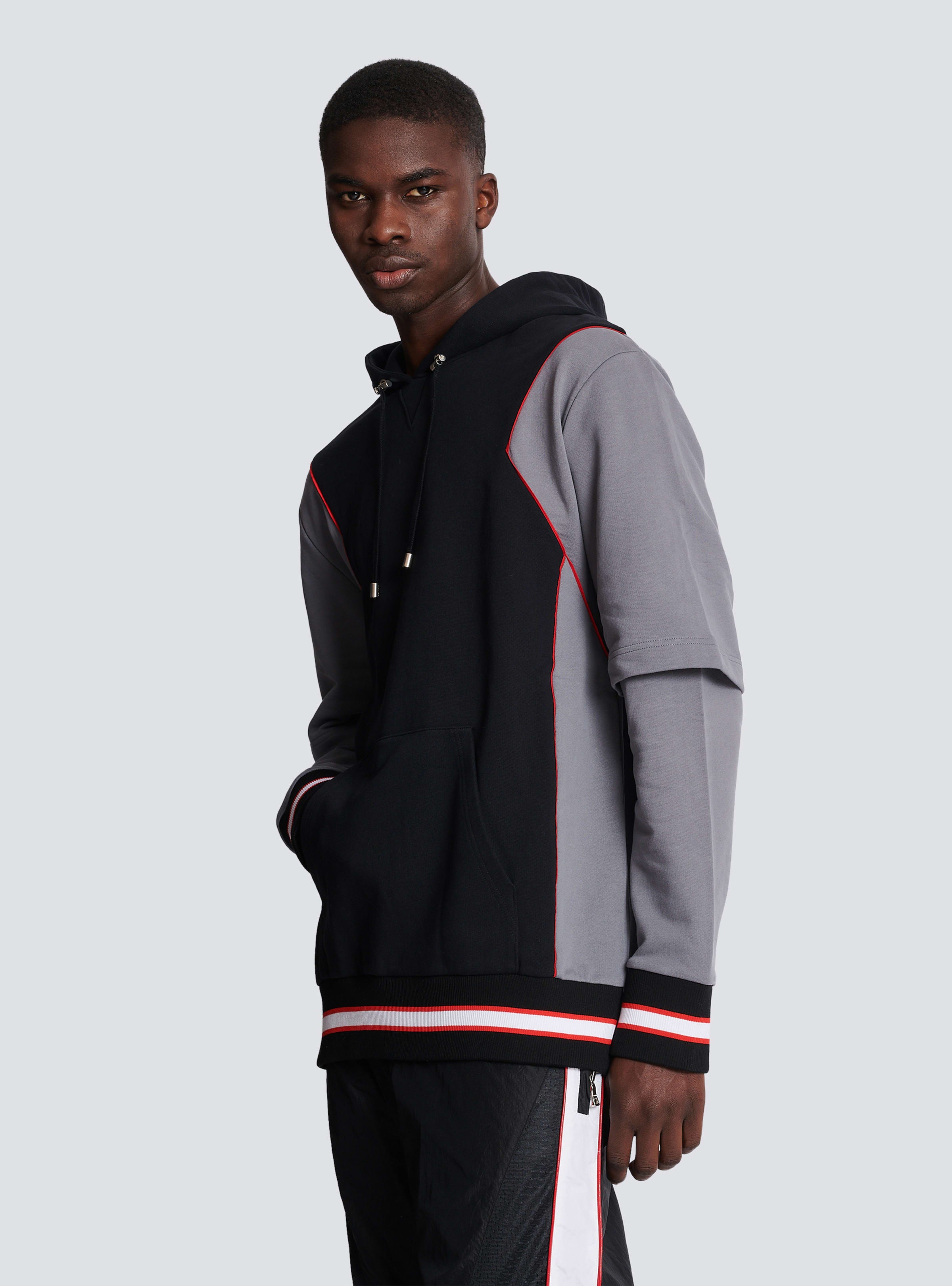 BALMAIN MEN'S BLACK GREY OVERSIZED HOODIE WITH STRIPES