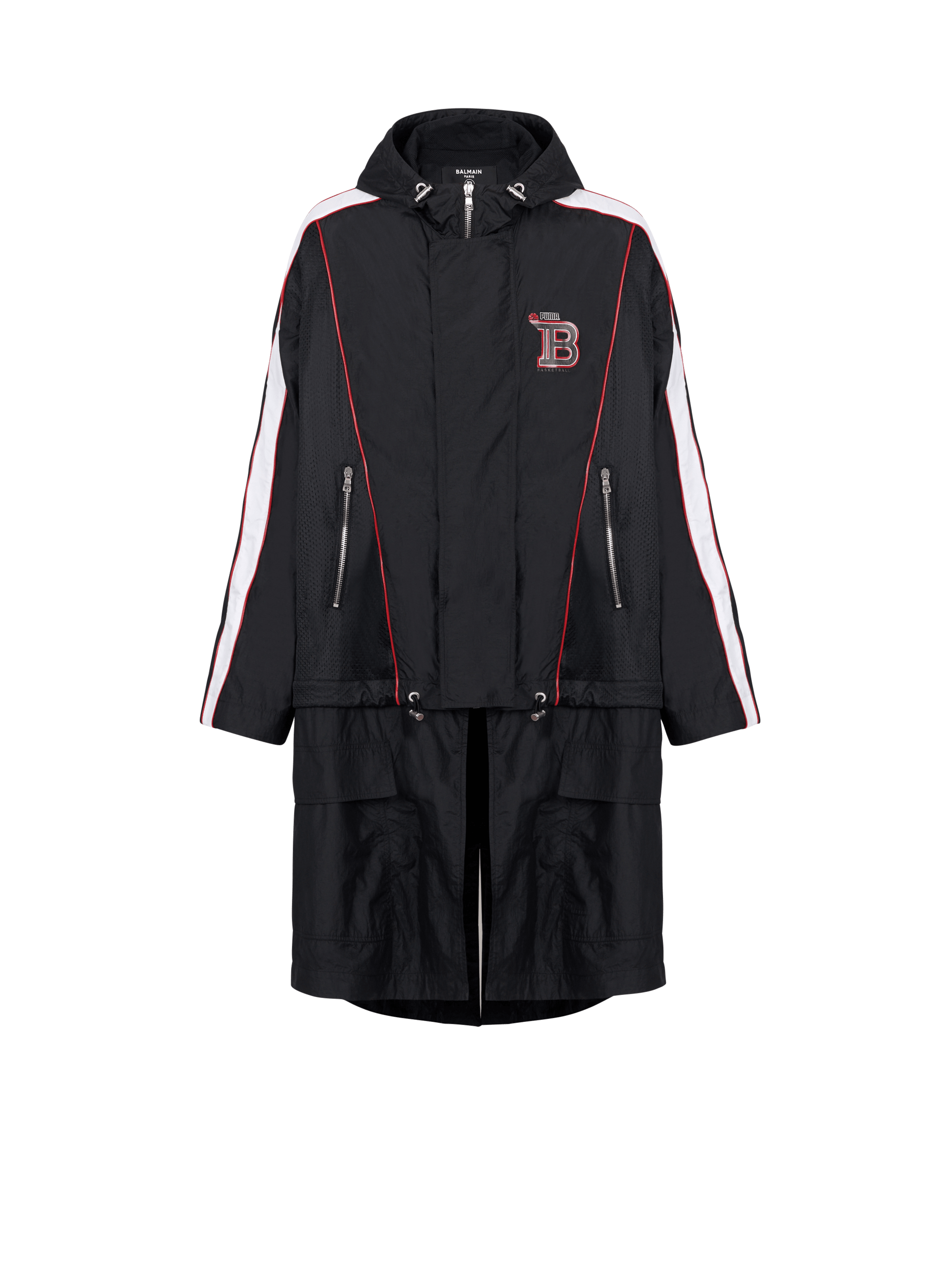 BALMAIN MEN'S BLACK MID-LENGTH PARKA WITH STRIPES