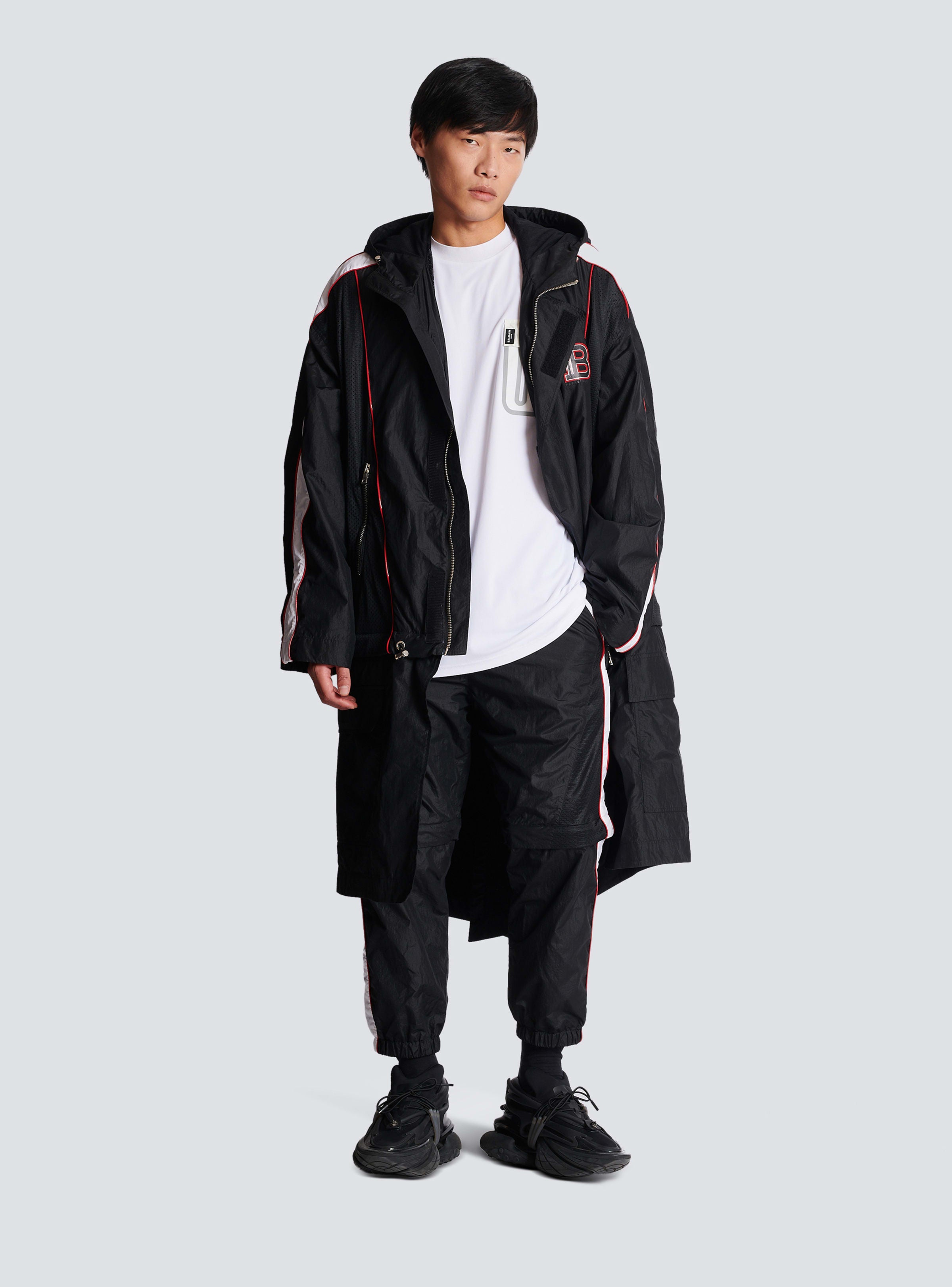 BALMAIN MEN'S BLACK MID-LENGTH PARKA WITH STRIPES