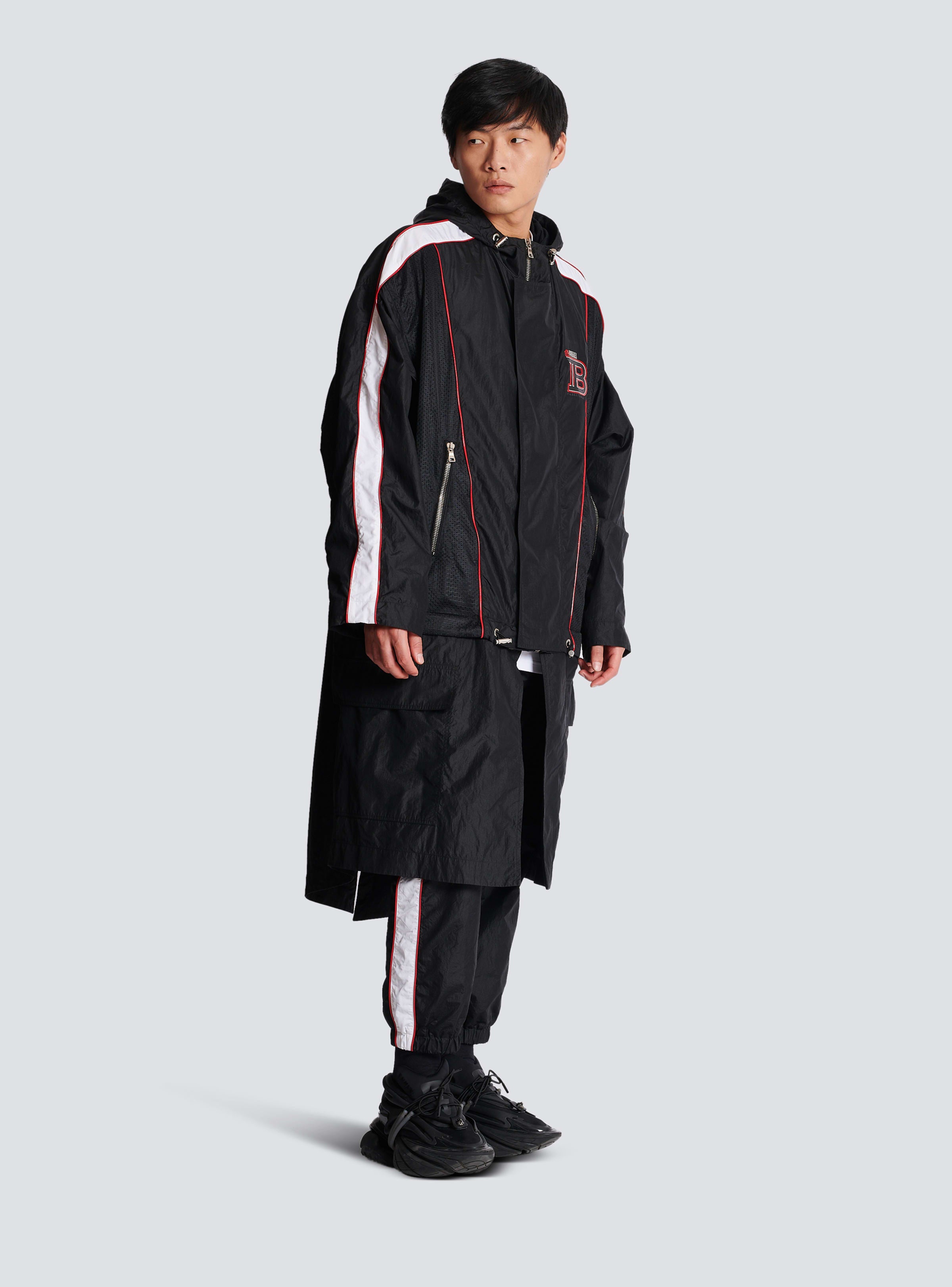 BALMAIN MEN'S BLACK MID-LENGTH PARKA WITH STRIPES
