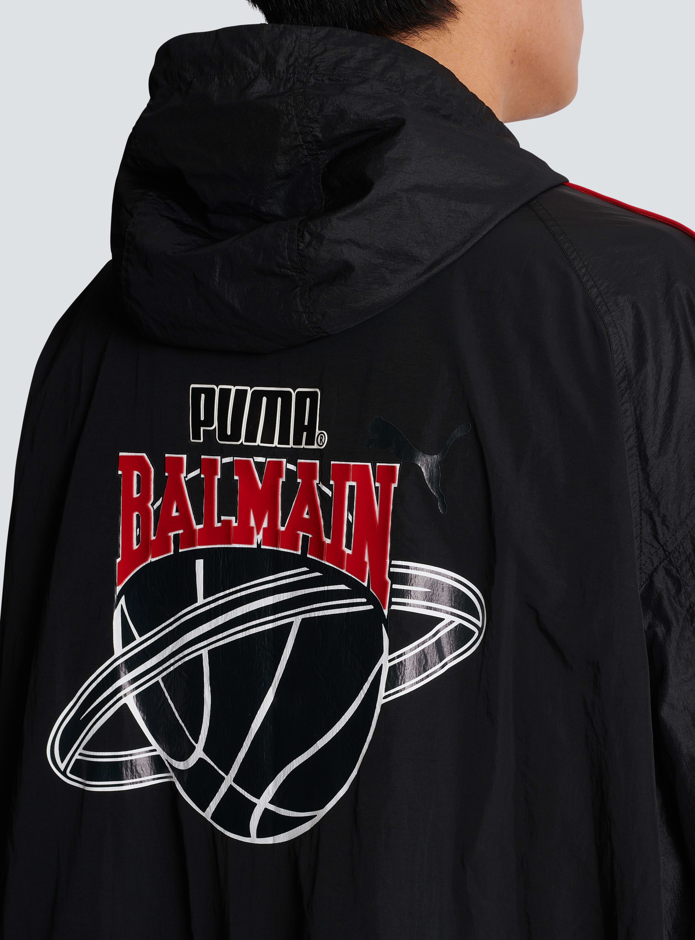 BALMAIN MEN'S BLACK MID-LENGTH PARKA WITH STRIPES